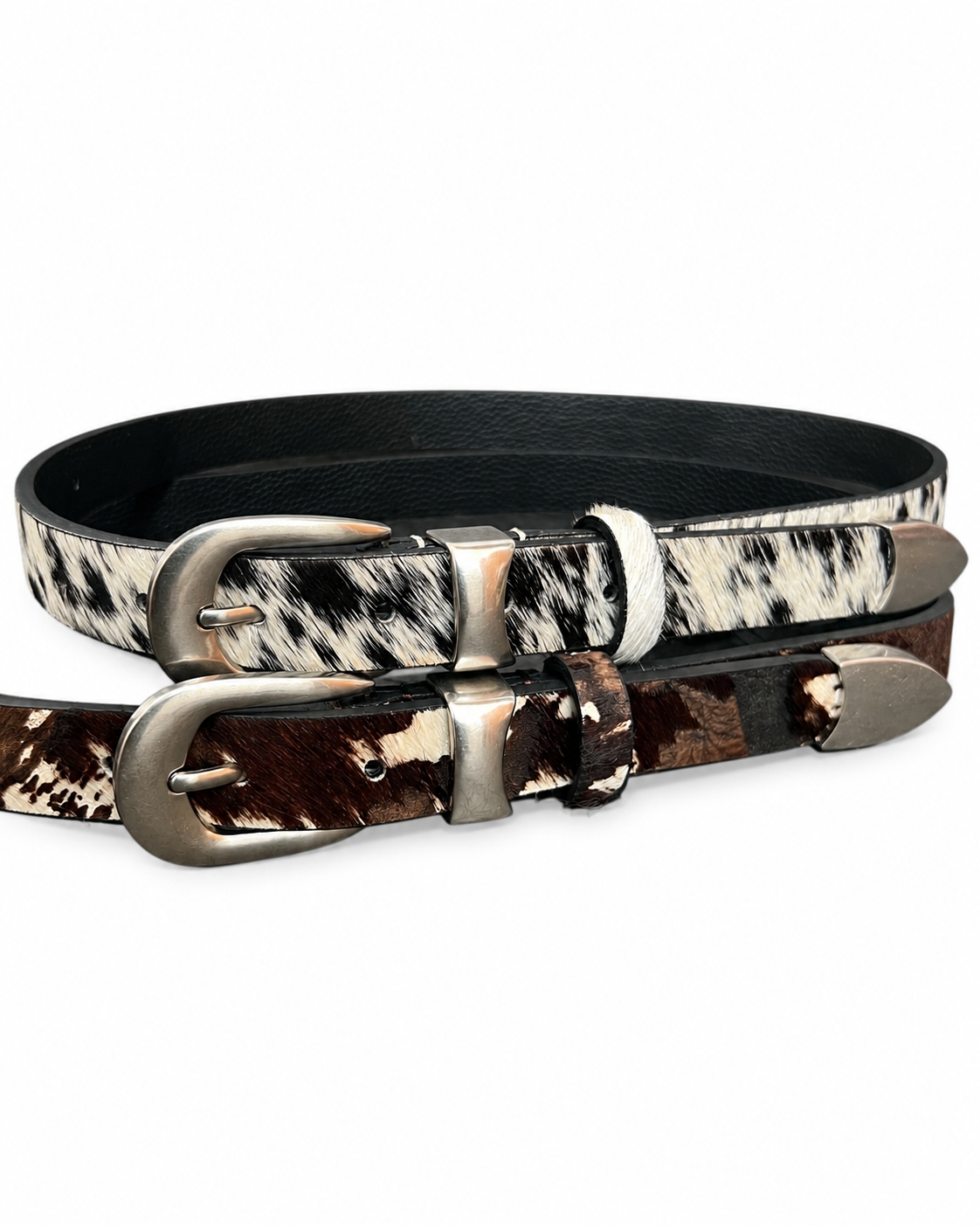 Vintage Brown & Black-and-White Cowhide Leather Belt Set — 2 Piece