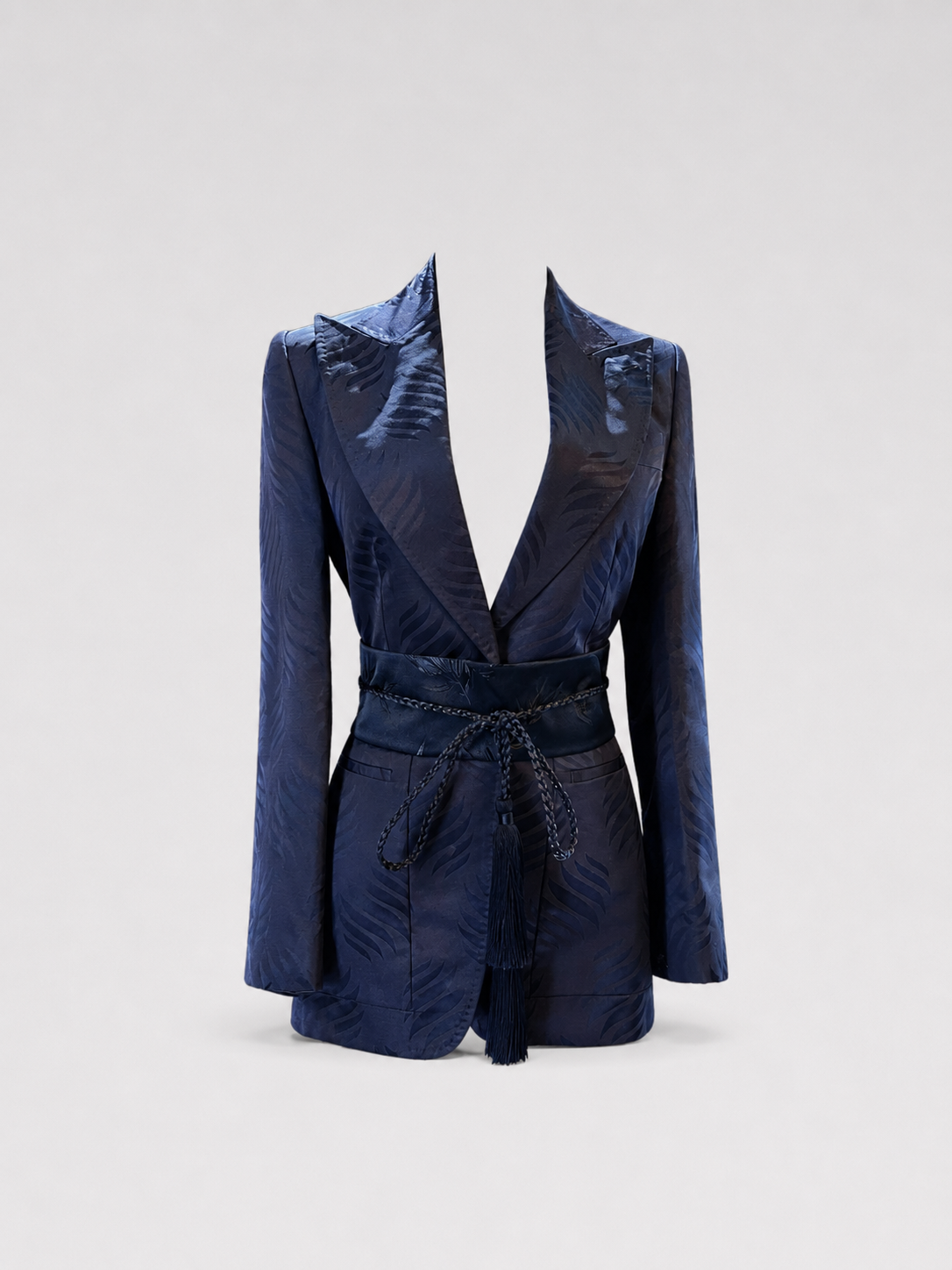 Gucci by Tom Ford Satin Jacquard Belted Blazer – 2000s Runway Corset Waist Jacket
