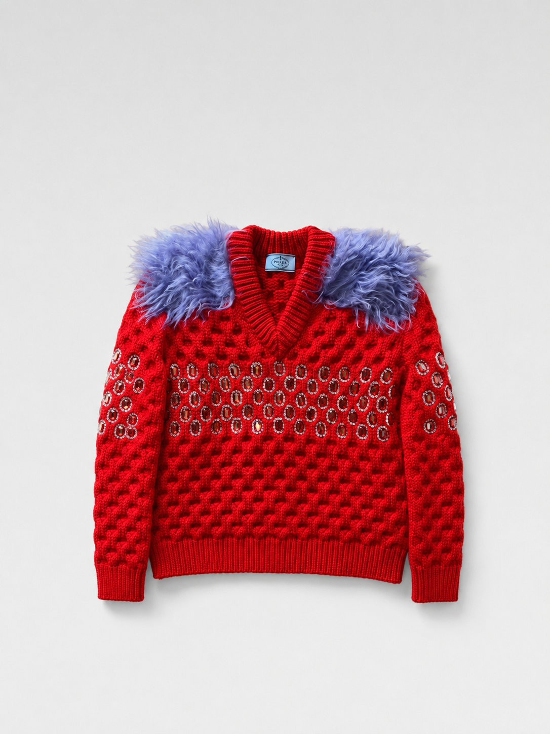 Prada Runway Embellished Crystal Knit Sweater with Feather Shoulders – Red Textured Wool Jumper Rare Archive