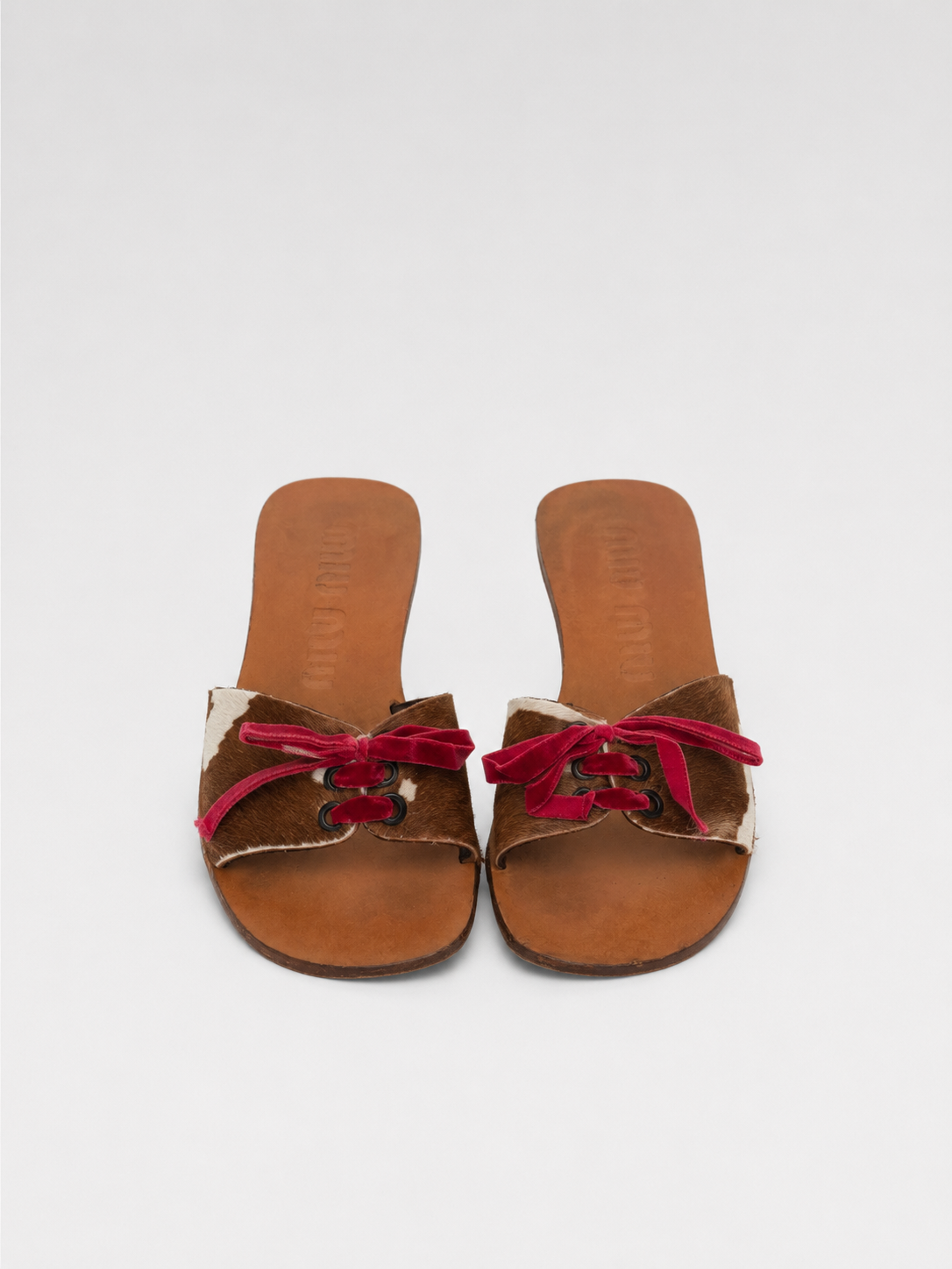 Miu Miu SS1998 Archive Pony Hair Cow Print Mules Pink Velvet Bow Wooden Heel Sandals Rare Size 36