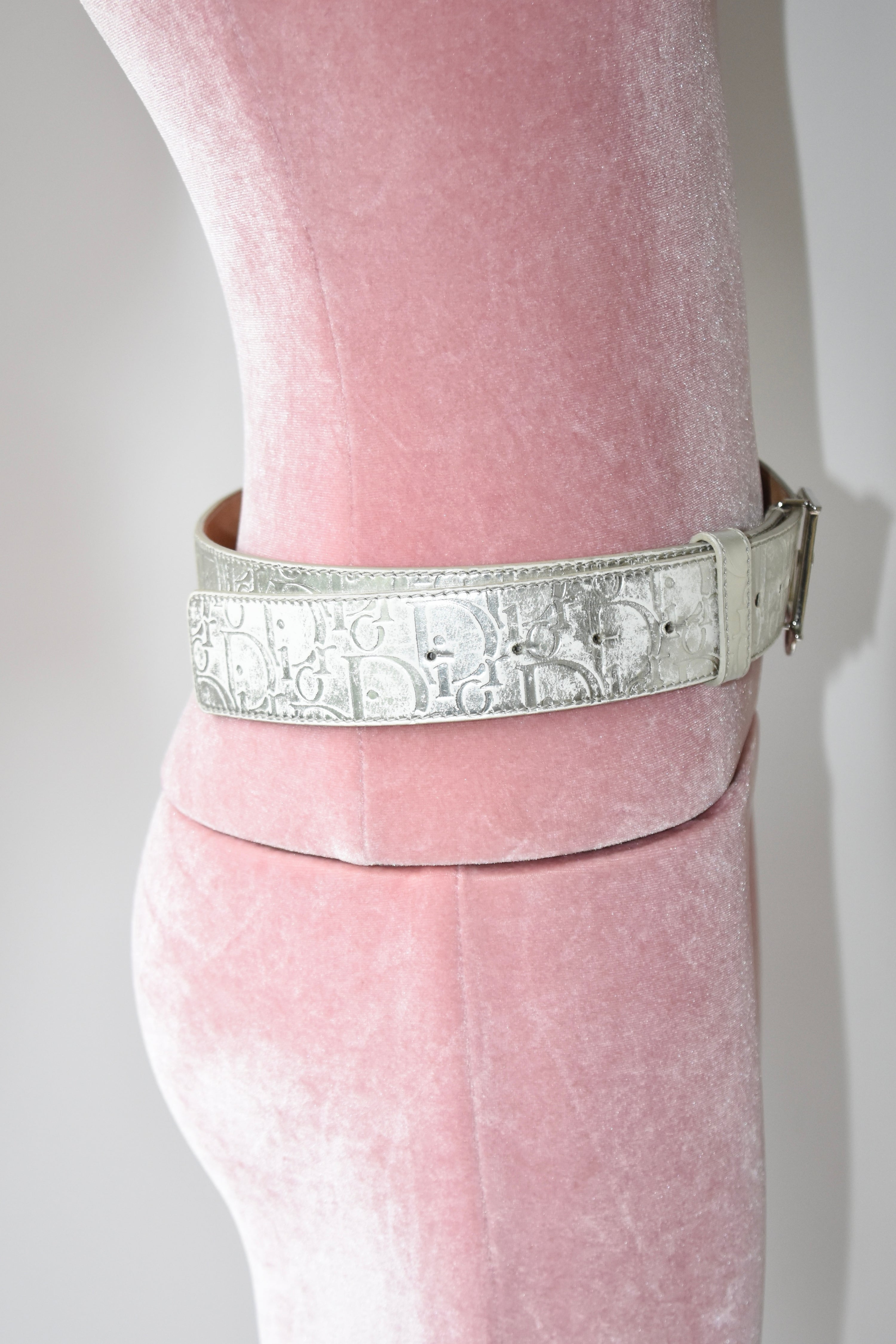 Christian Dior Silver Embossed Logo Buckle Belt