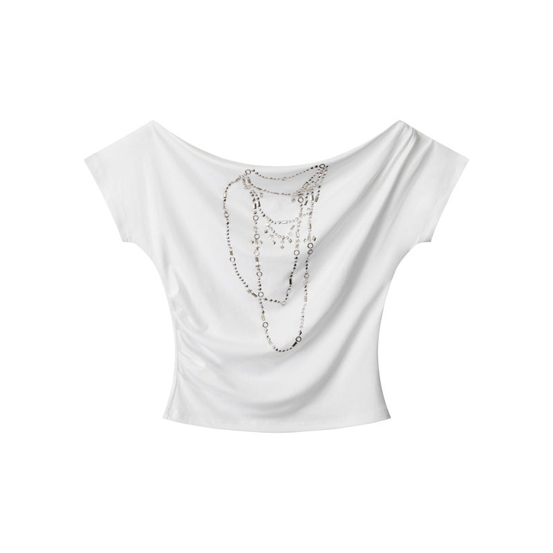Off-shoulder design one-shoulder spicy short style T-shirt 2025 New summer short-sleeved off-shoulder top for women