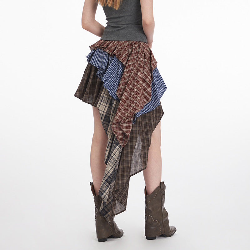 Irregular High Waist Plaid Patchwork Skirt for Women, Unique Sweet and Anti-Exposure Short Skirt
