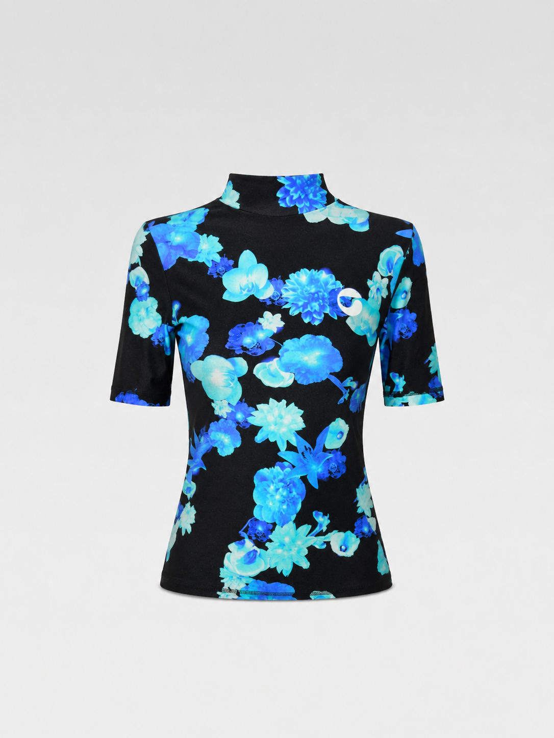 Coperni Blue Floral Stretch Glossy Top – Women’s Size S (Digital Print / Mock Neck / Technical Jersey)