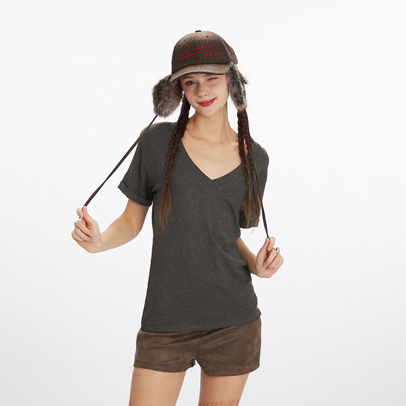 Simple Hot Girl Slimming Solid Color Top Slim Fit V Versatile Basic Short Sleeve Shirt T Women's T-shirt