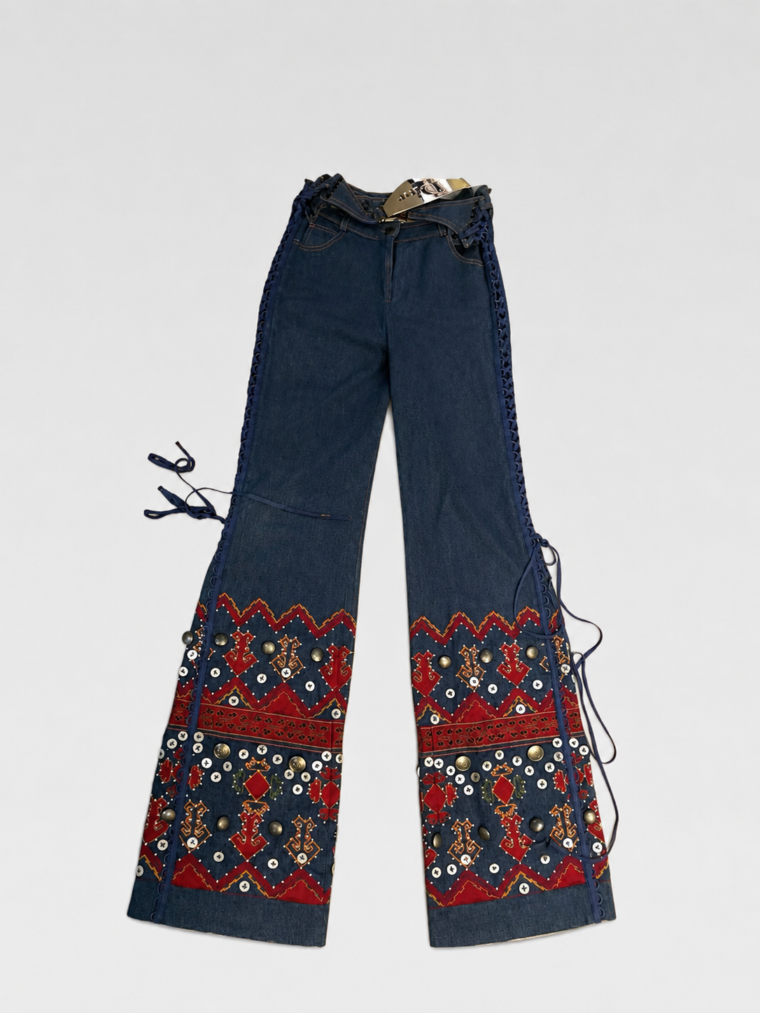 CHRISTIAN DIOR BY JOHN GALLIANO 2002 Runway Embroidered Denim Lace-Up Trousers with Mother-of-Pearl & Metal Waist Plaque