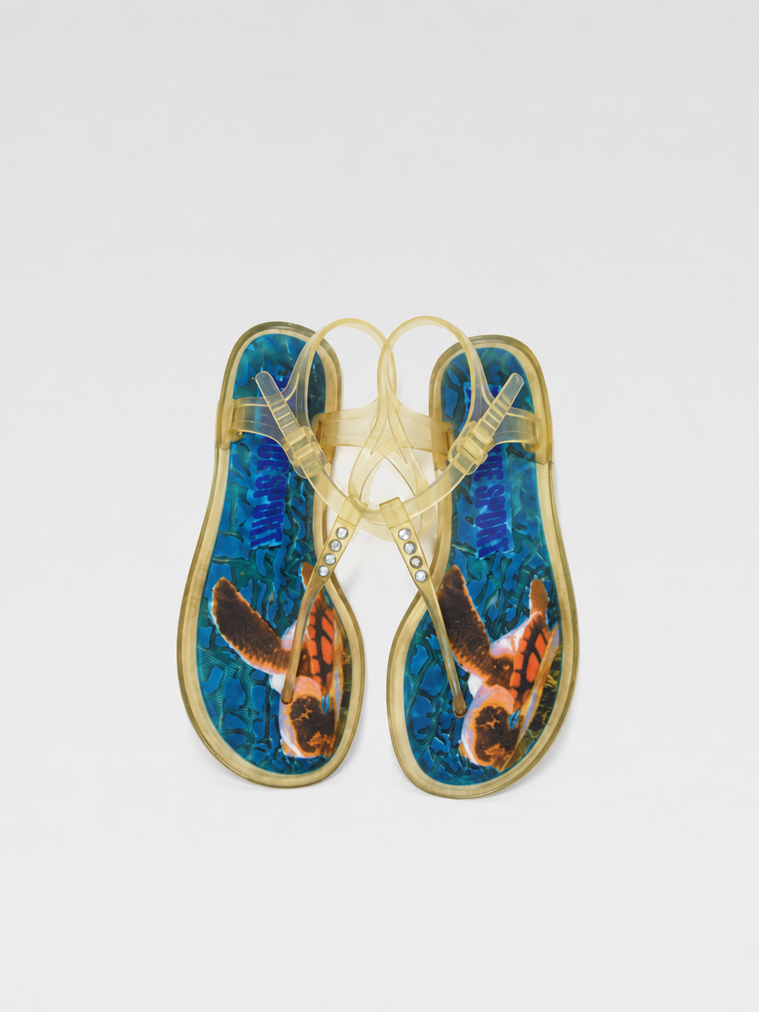 Versace Sport Jelly Sandals – Y2K Transparent Rhinestone Thong, Sea Turtle Print, Women’s Size 39