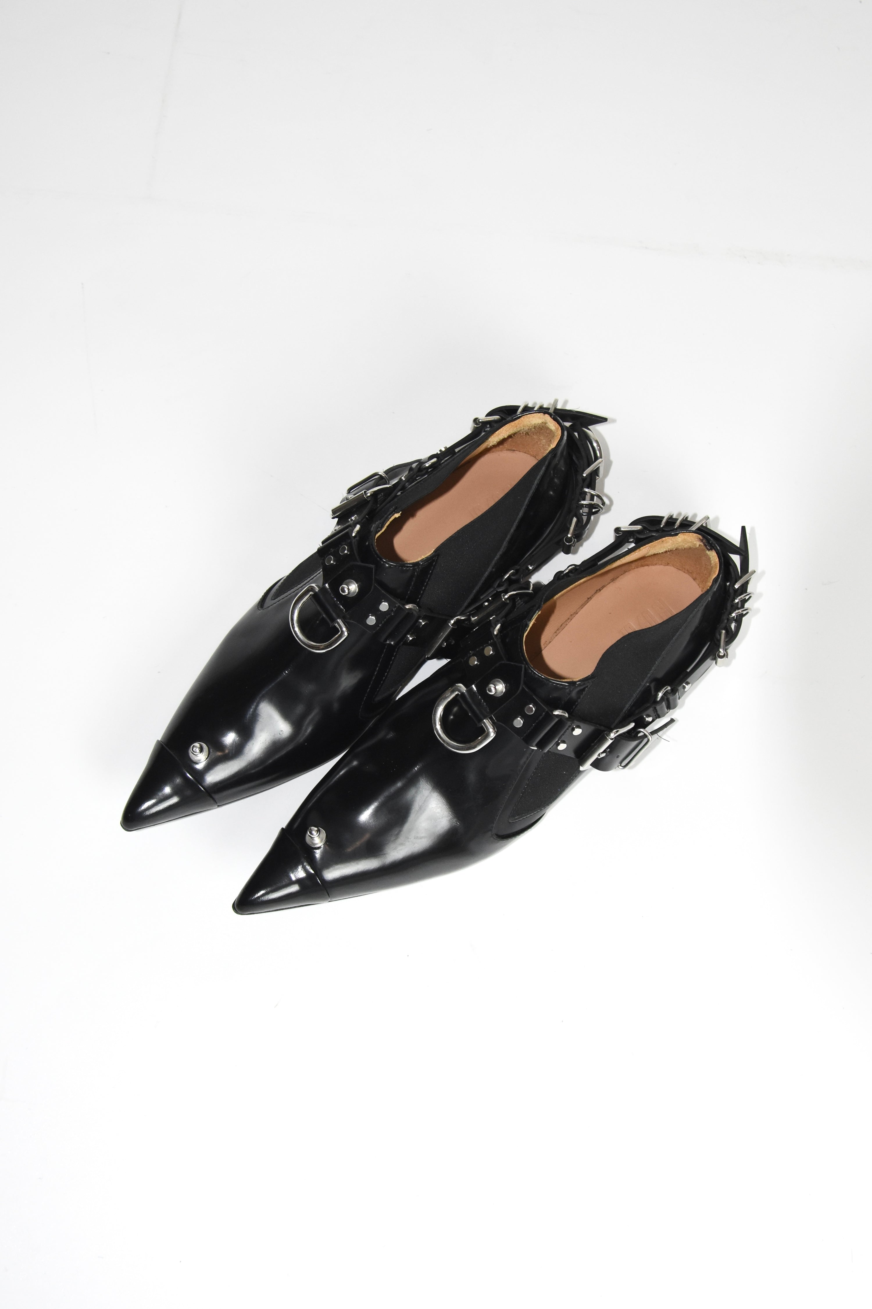 13 09 SR Black Punk Harness Leather Shoes – Metal Hardware Strap Pointed Toe Derby