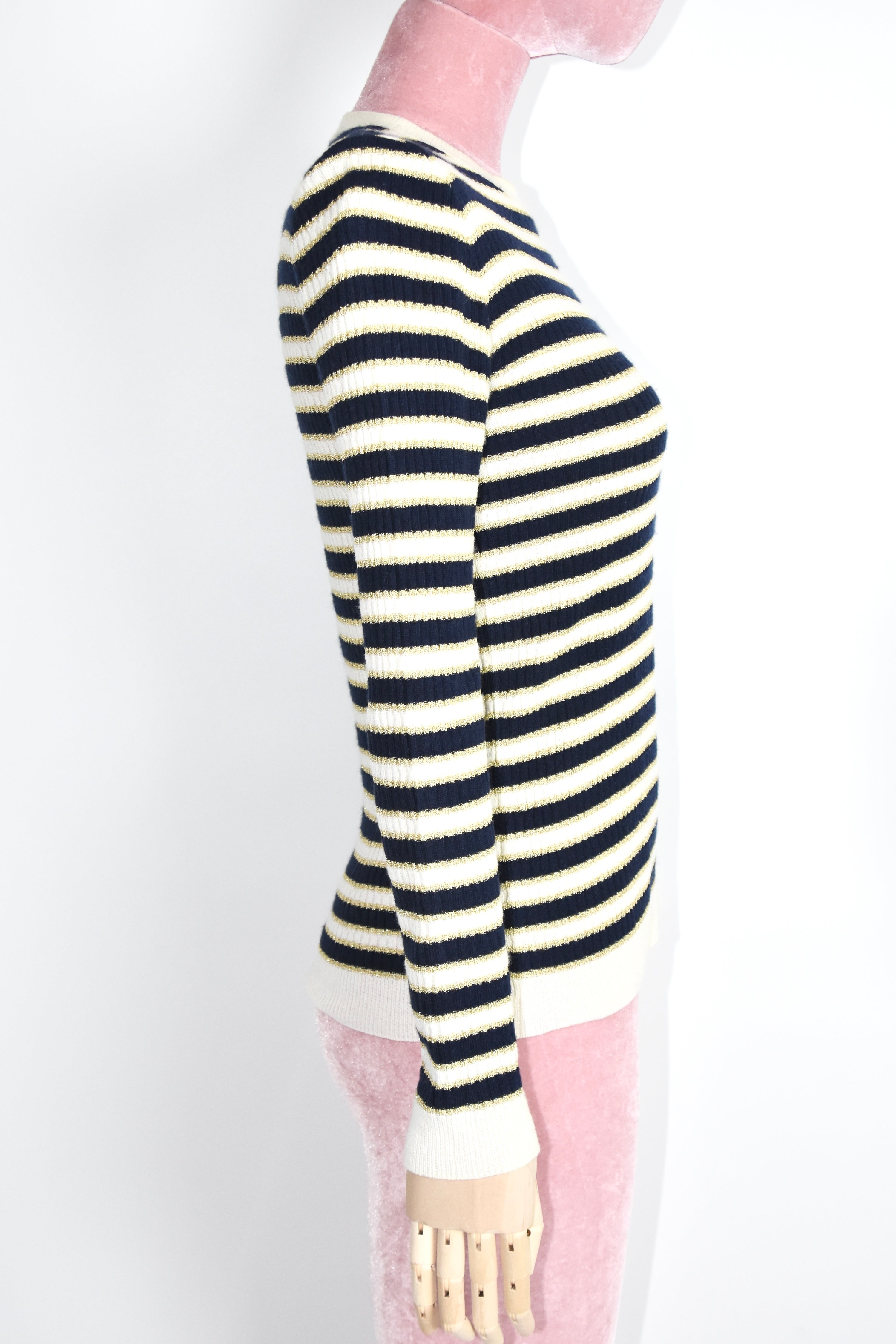 Valentino Navy & Ivory Striped Knit Sweater with Gold Lurex – Made in Italy Signature V Logo