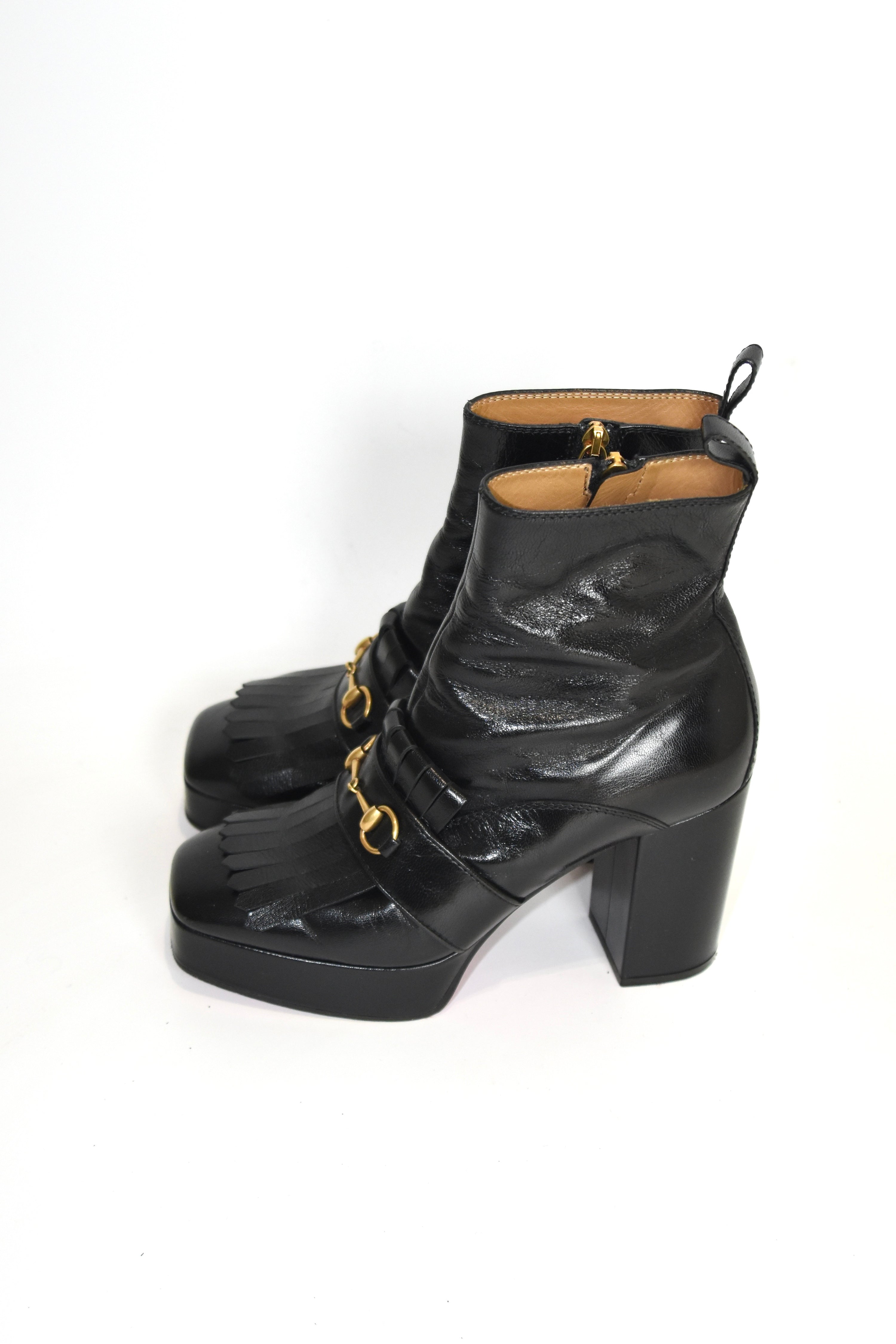 GUCCI Black Leather Platform Fringe Horsebit Boots