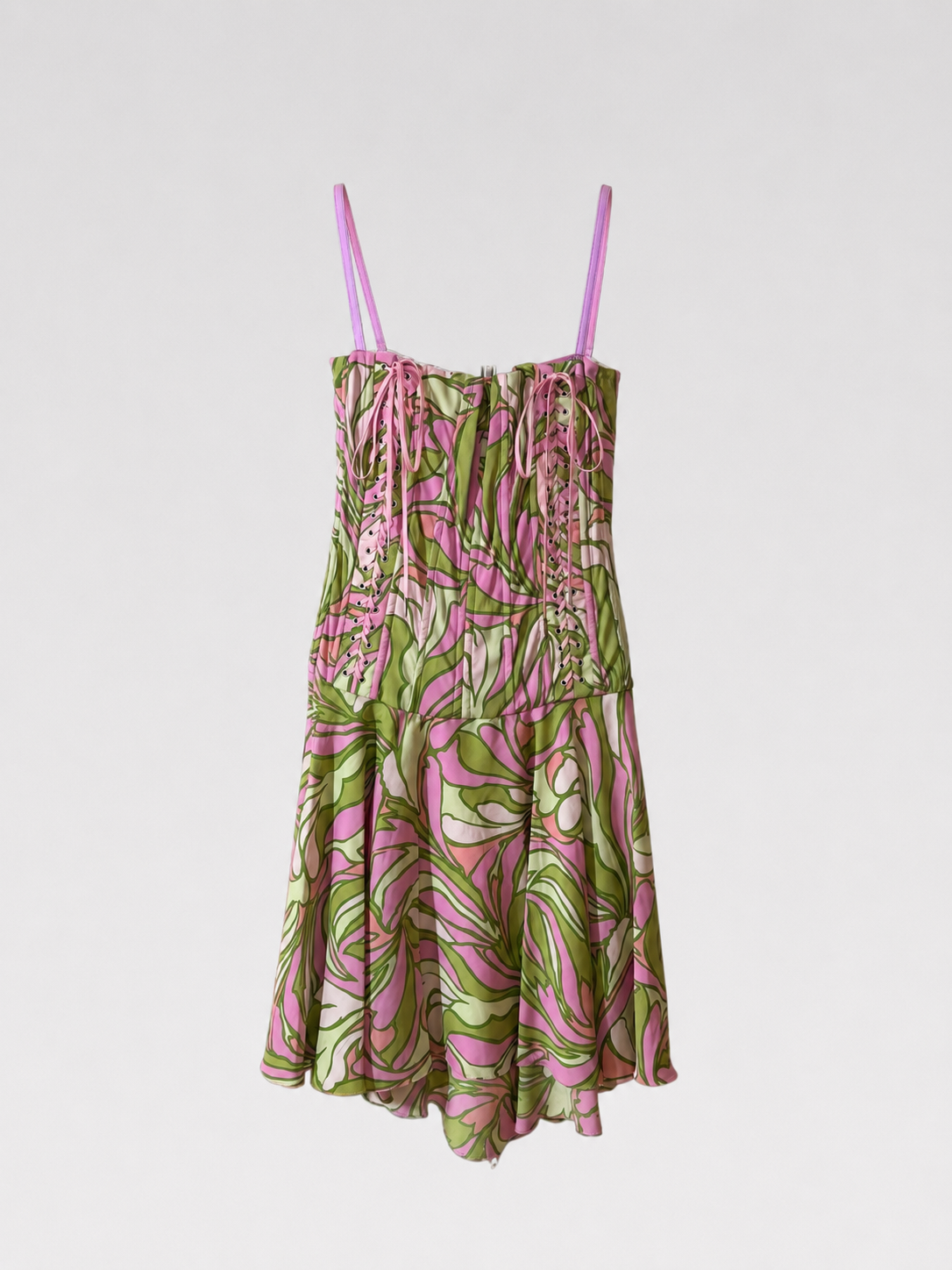 Dolce & Gabbana Vintage Silk Corset Lace-Up Dress Pink Green Print Rare Archive Piece
