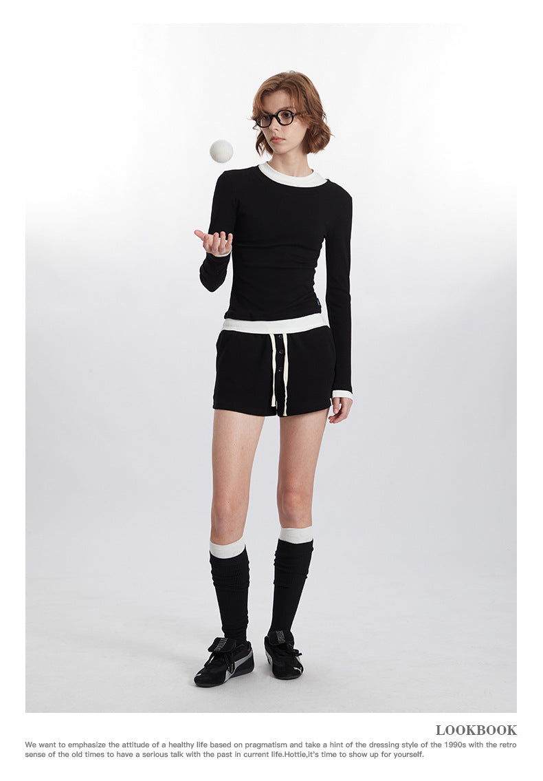 Color Block Trim Round Neck Long Sleeve T Women's New Slim Fit Shirt ins