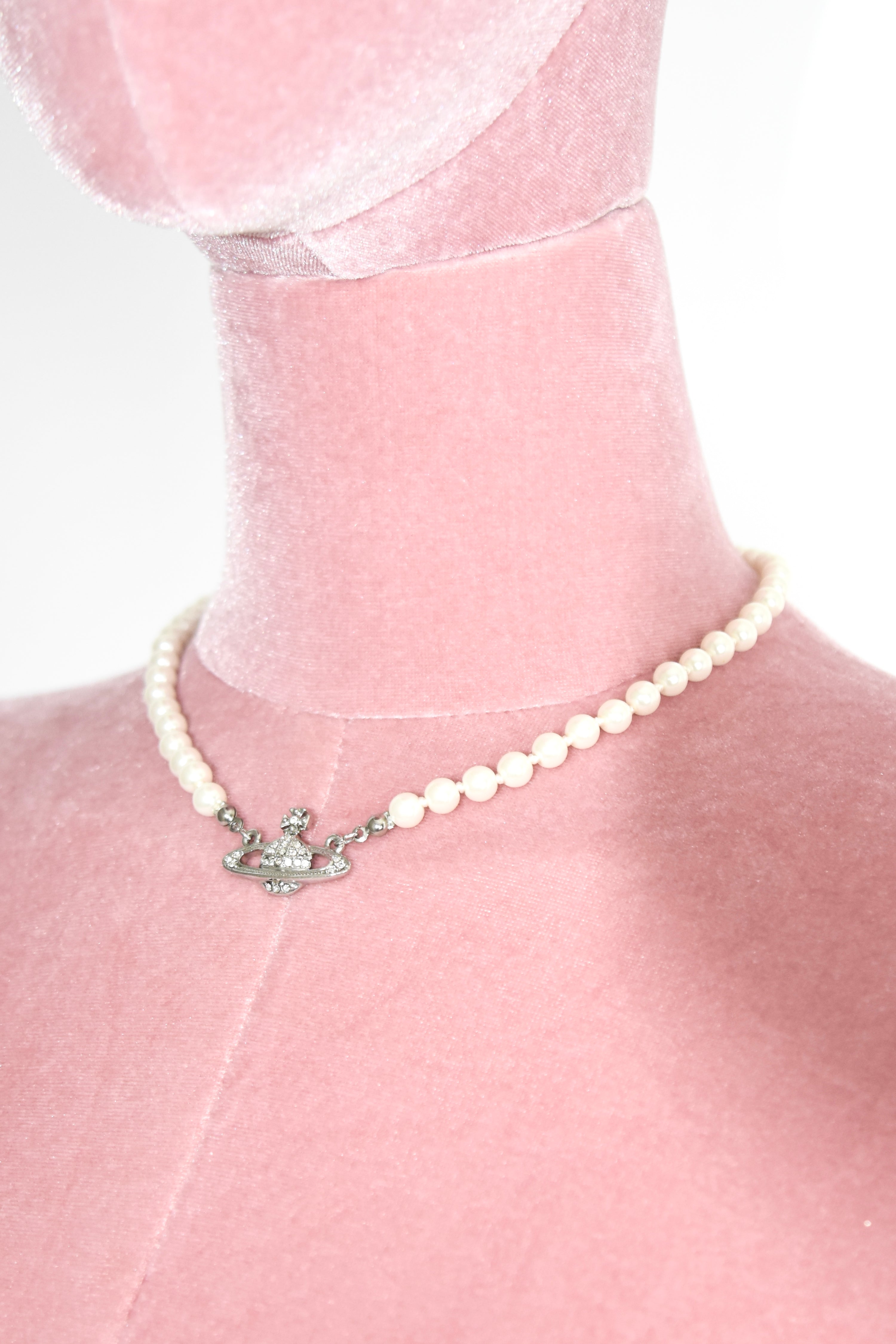 Vivienne Westwood Orb Pearl Necklace with Crystal Embellished Pendant – Classic Vintage Icon Piece