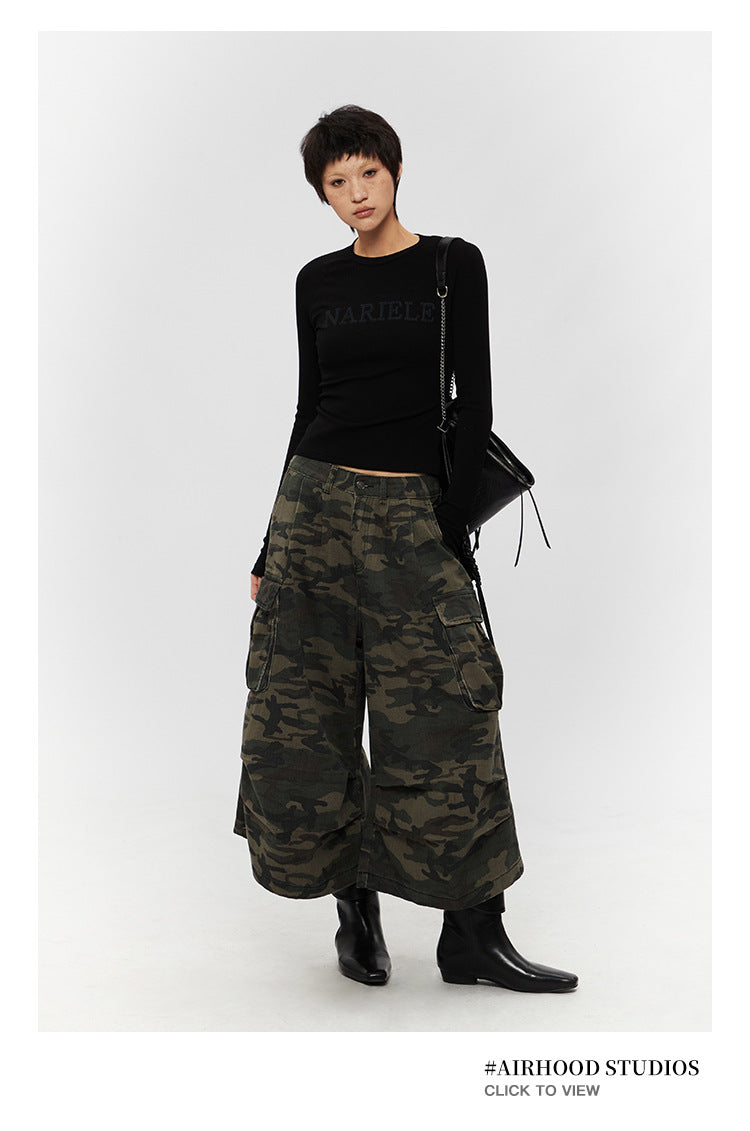 Retro Loose Camouflage Capri Pants American Style Casual Jeans for Men and Women High Street