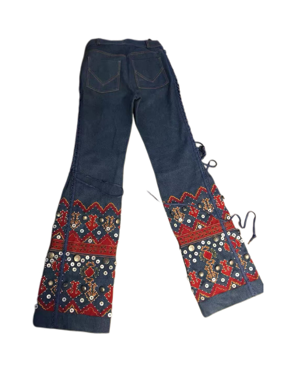 CHRISTIAN DIOR BY JOHN GALLIANO 2002 Runway Embroidered Denim Lace-Up Trousers with Mother-of-Pearl & Metal Waist Plaque