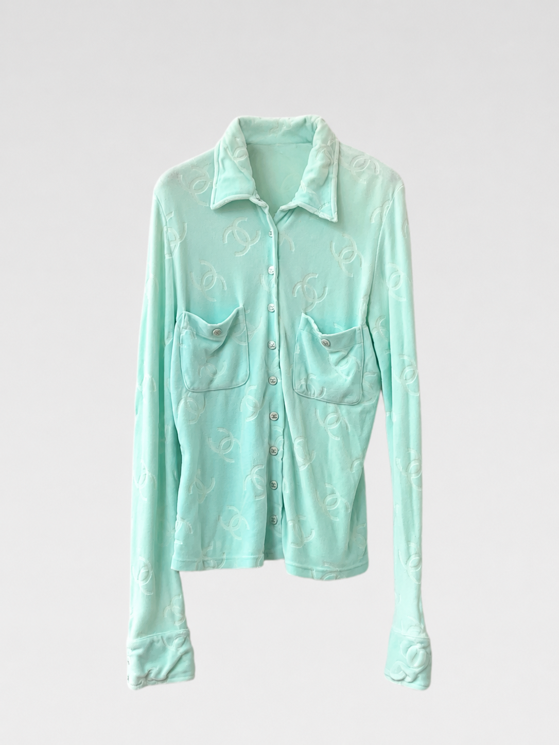 Chanel 1996 Runway CC Logo Velvet Shirt – Mint Blue All-Over Monogram Silk Top