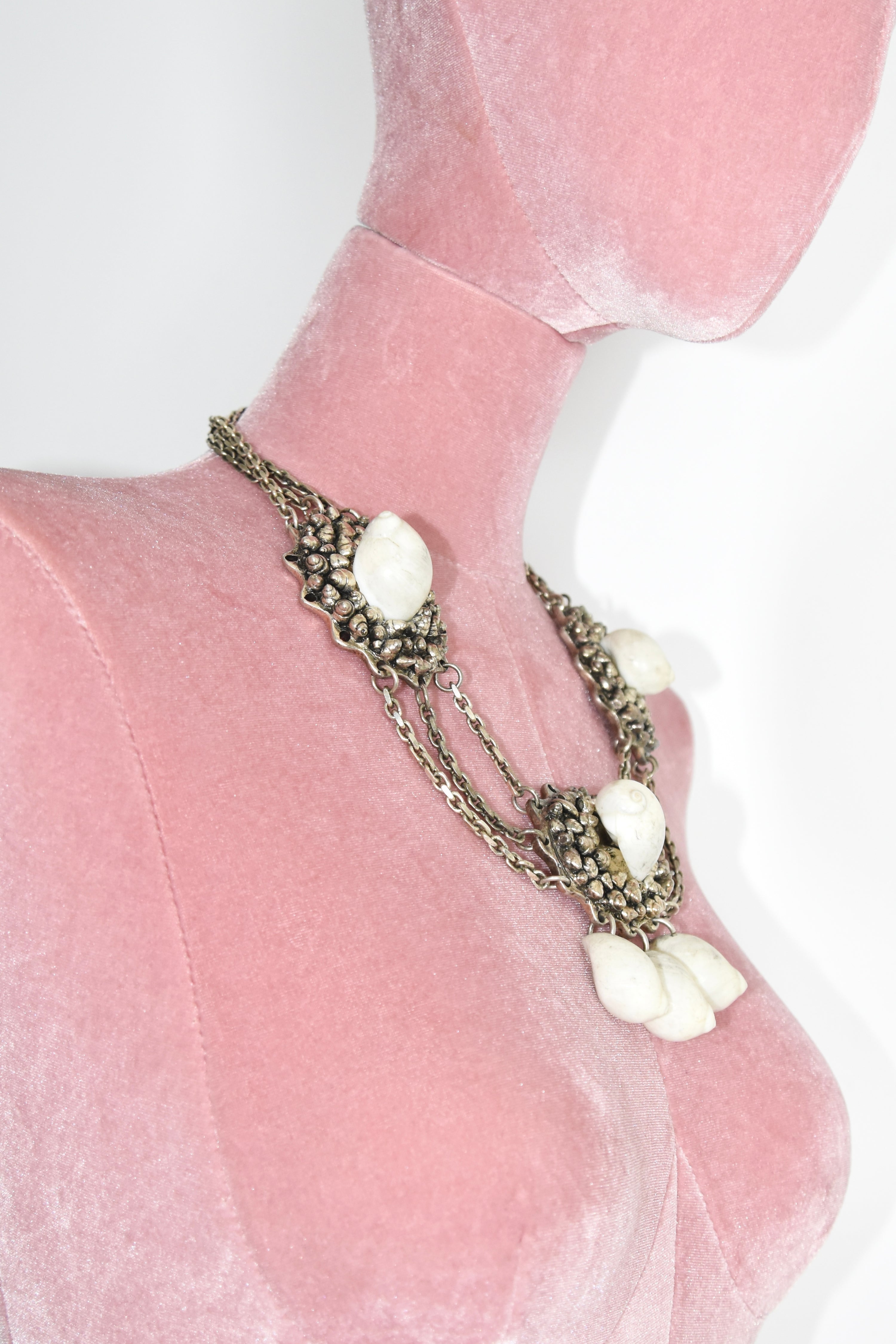 Chantal Thomass Vintage Triple Medallion Shell Necklace with Layered Chains & Dangle Drops (Rare Archive Jewelry)