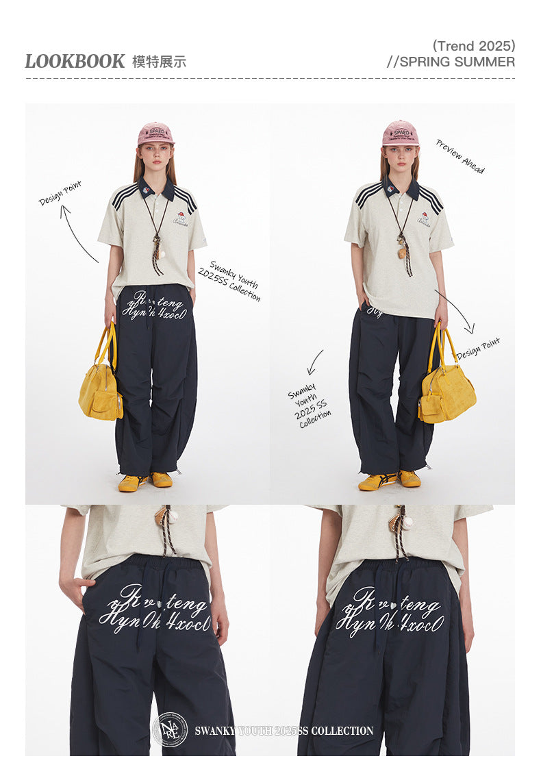 Men's Letter Print Pleated Casual Pants Women's Trendy Loose Cargo Wide-Leg Scimitar Pants