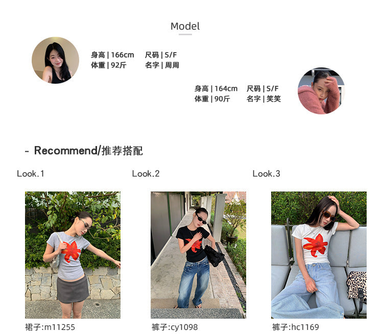 Slim Fit Floral Print Women's T-shirt Spring and Summer Versatile Short Tops