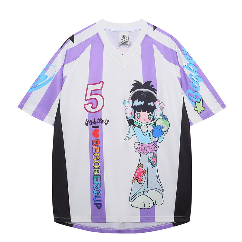 Y2K Cute Football Print Pink and Purple Mesh Breathable Short Sleeve T-shirt