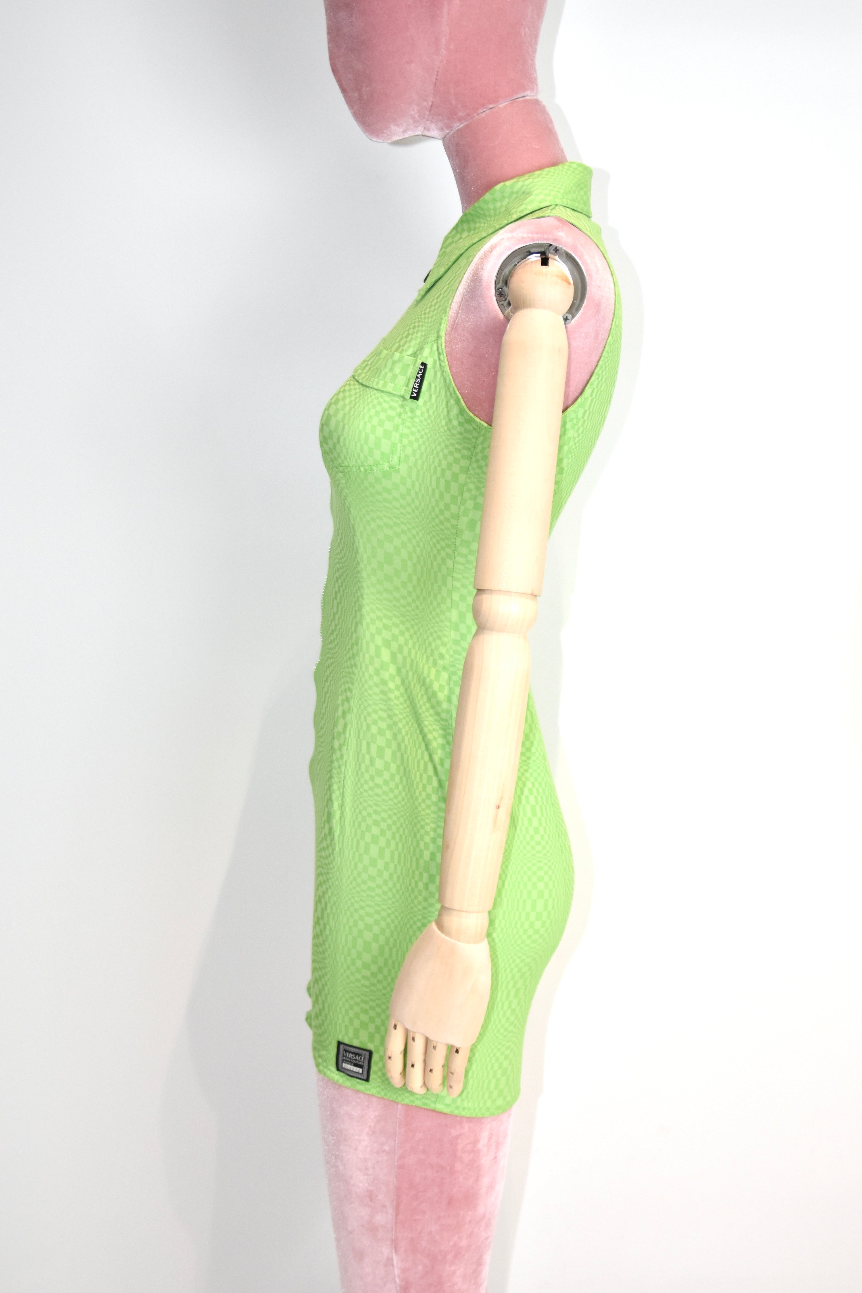 Versace Jeans Couture Green Checkered Zip-Up Sleeveless Mini Dress – Y2K Vintage Italy