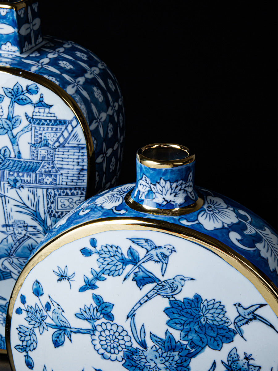 Oriental Paris Blue and White Porcelain Grisaille New Chinese Style Ink Painting Gold-Embossed Color Porcelain Vase Ornament