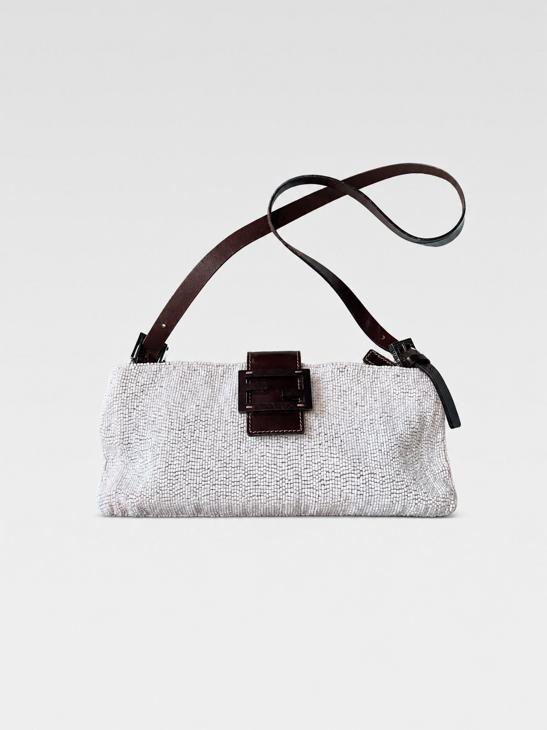 Fendi 2000s Vintage Beaded Baguette Bag Pink White Woven Canvas FF Logo Leather Strap Adjustable Shoulder Bag