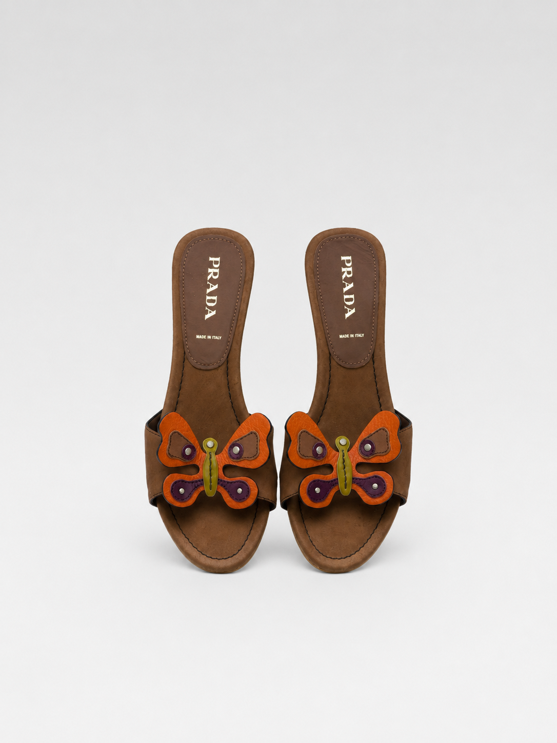 Prada Vintage Butterfly Sandals Wooden Clog Platform Heels Brown Leather Y2K Size 37.5