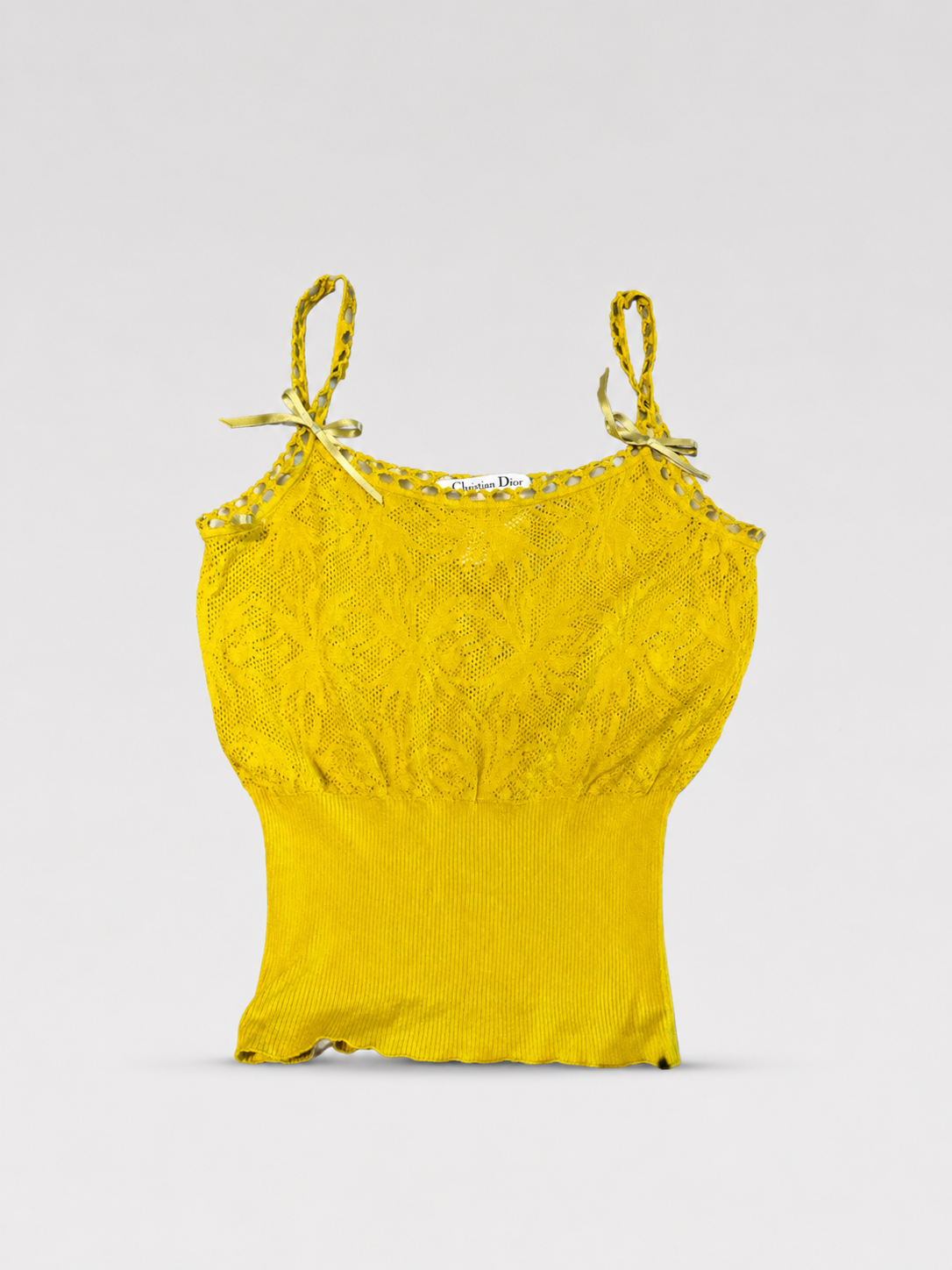 Christian Dior by John Galliano Lace Knit Ribbon Strap Camisole – Runway Piece Yellow Openwork Tank Top