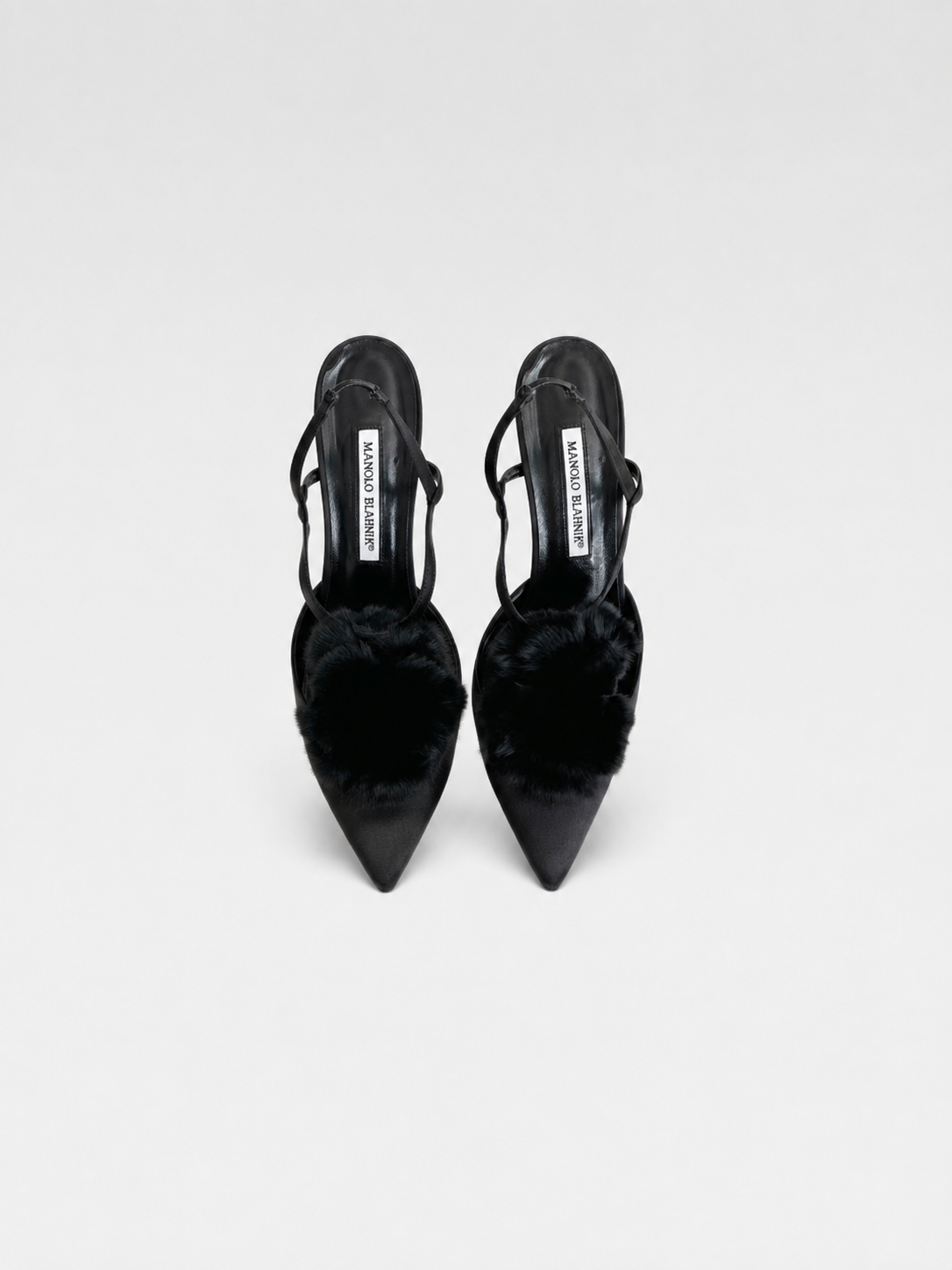Manolo Blahnik Black Satin Fur Heels Rare Pom Pom Slingback Evening Pumps 39