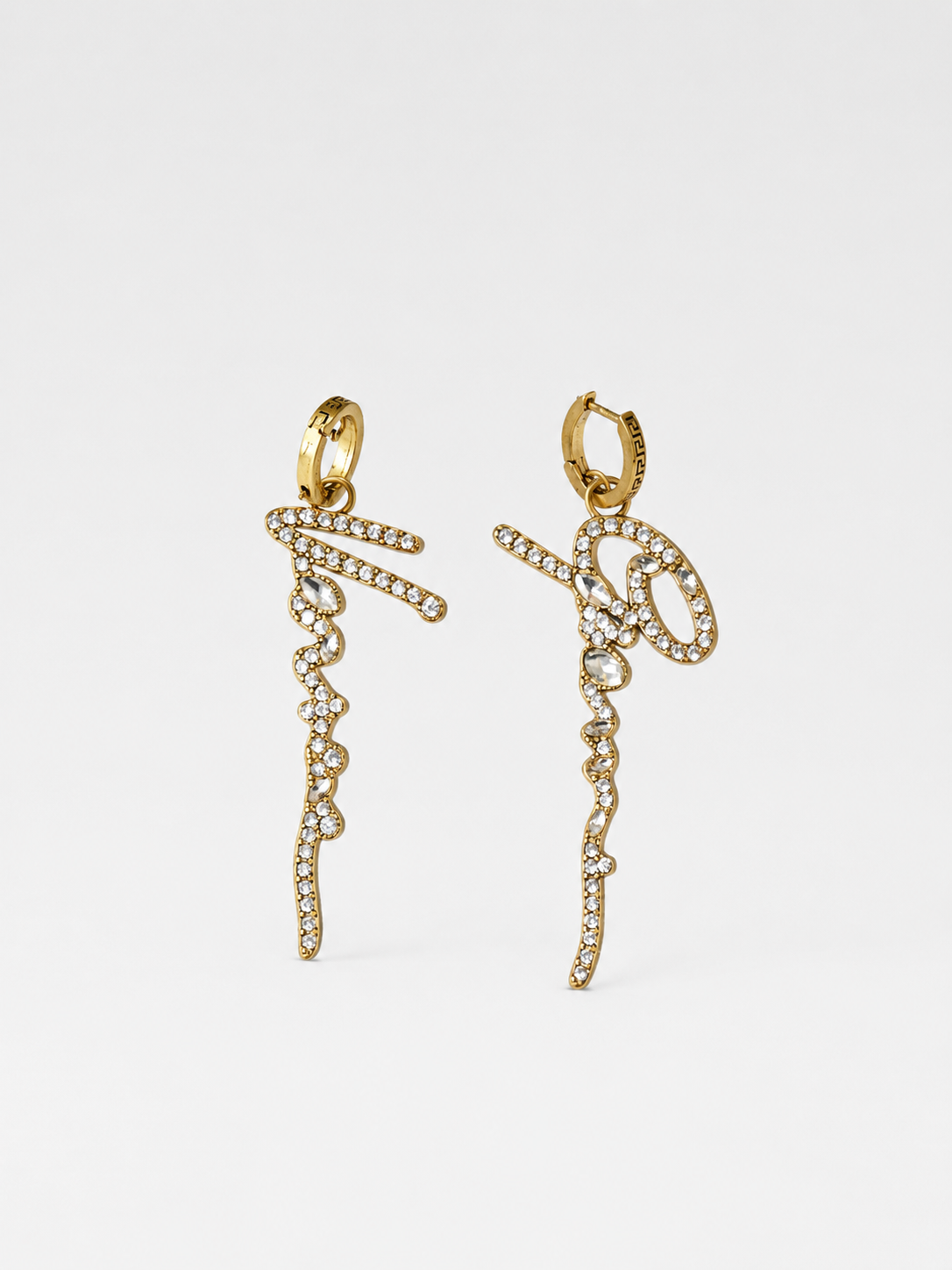 Gianni Versace Crystal Logo Drop Earrings – Vintage Gold Tone Statement Jewelry