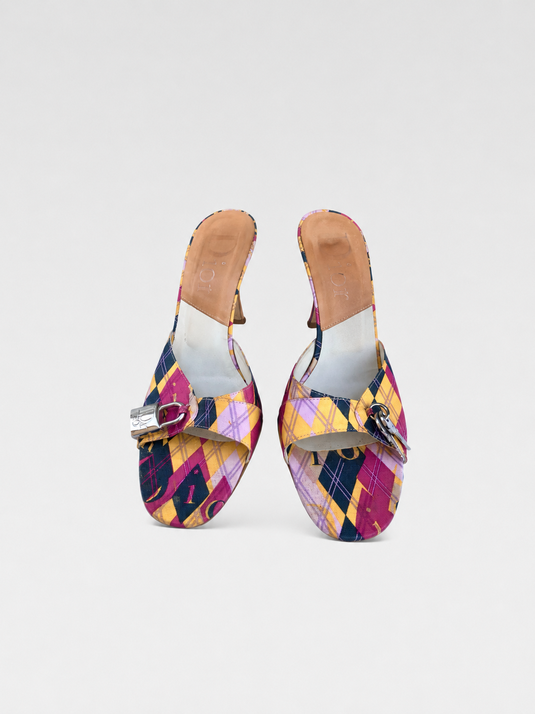 Christian Dior by John Galliano Vintage Tartan Logo Mule Heels – Multicolor Graphic Plaid Sandals