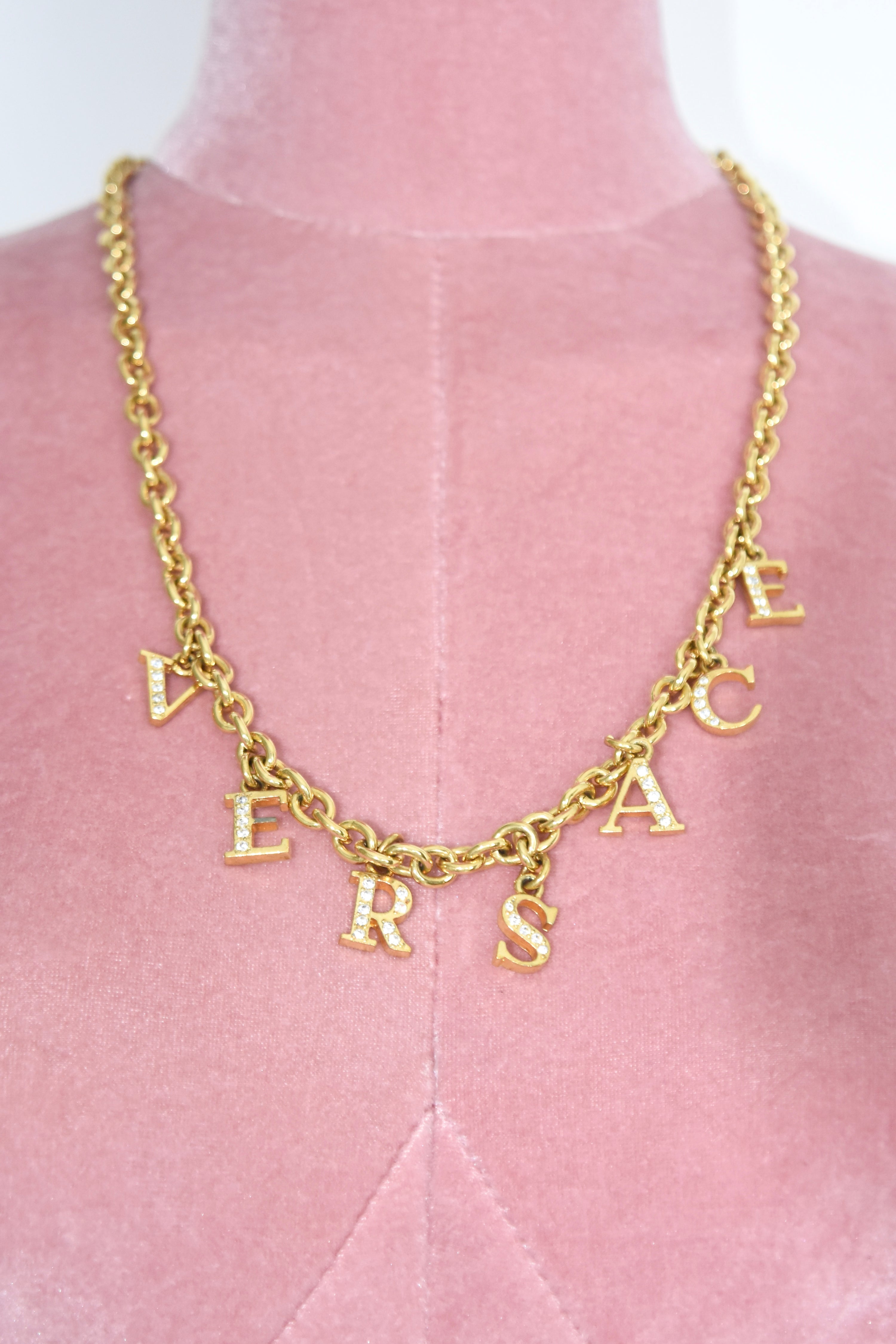 VERSACE Rhinestone Logo Gold Chain Necklace