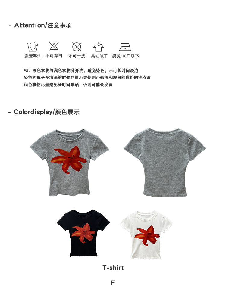 Slim Fit Floral Print Women's T-shirt Spring and Summer Versatile Short Tops