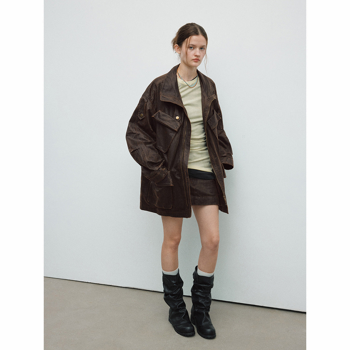 Spring New Casual Turn-Down Collar Vintage Distressed Multi-Pocket Versatile Long Jacket Coat