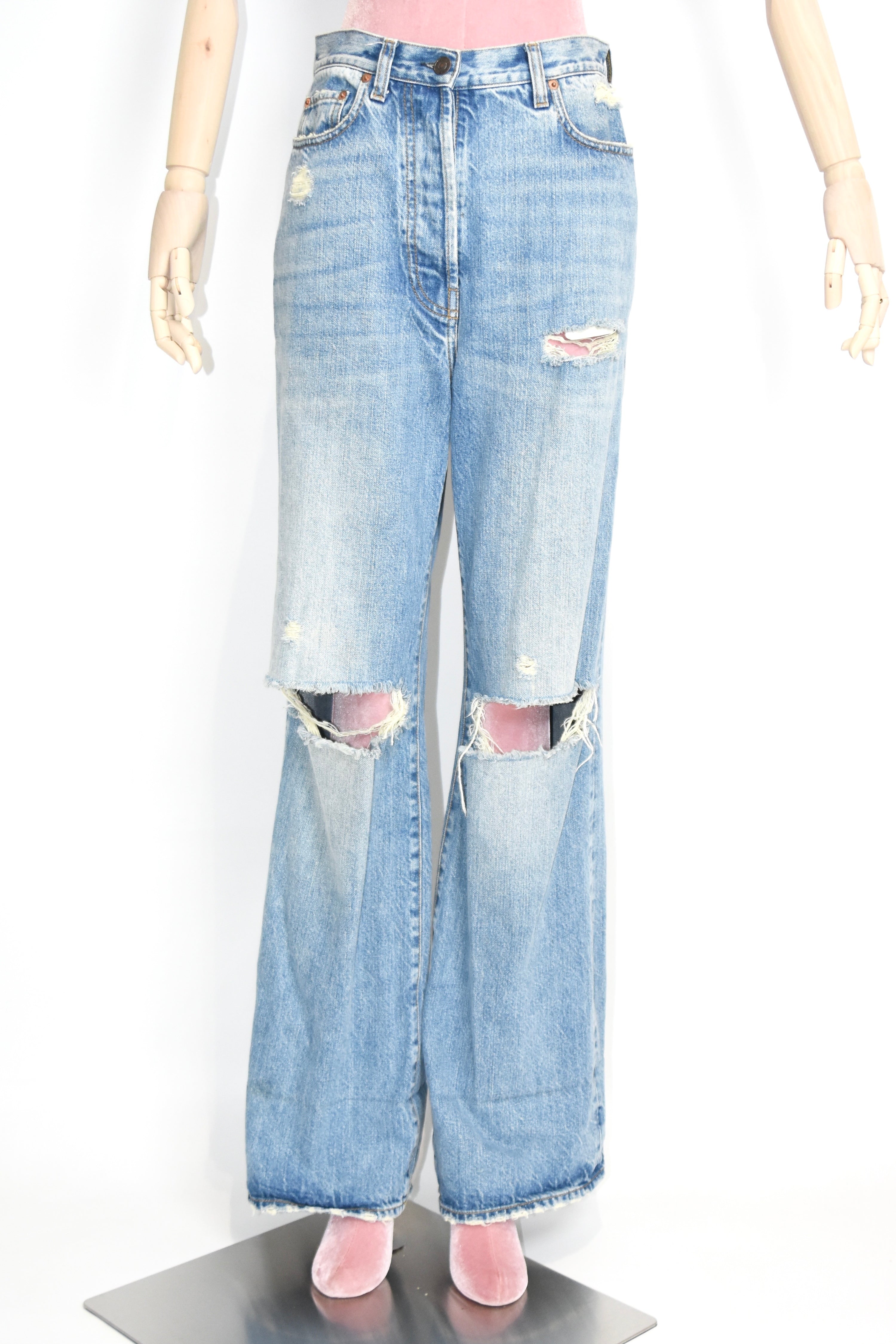 Gucci Distressed Flared Denim Jeans – Light Wash High Waist Destroyed Bootcut Pants