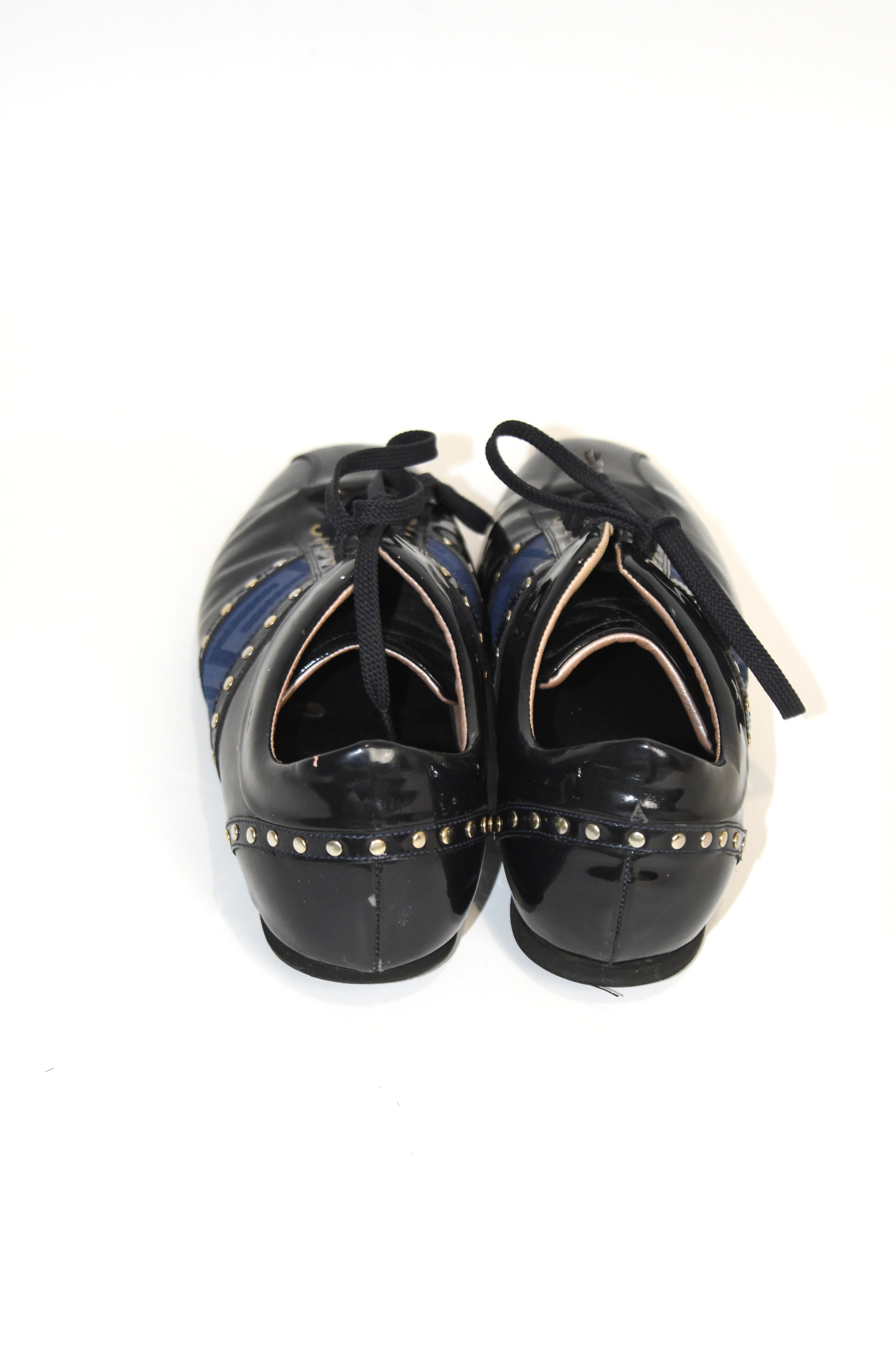 Versace Patent Leather Studded Lace-Up Sneakers – Size 37 (Made in Italy / Blue Greek Key / Archive)