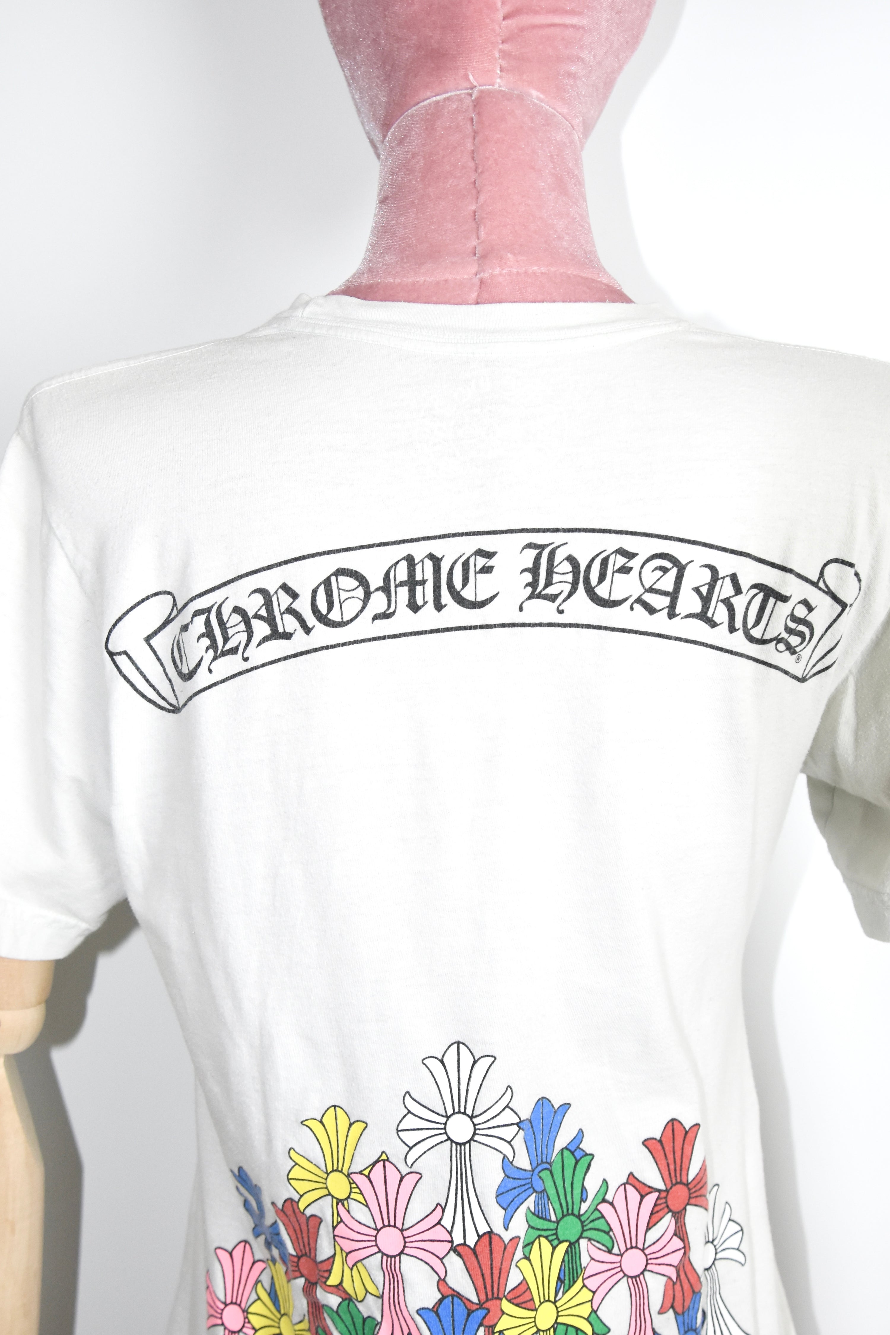 Chrome Hearts Cross Cluster Graphic T-Shirt – White Cotton Pocket Tee with Multicolor Cross Print