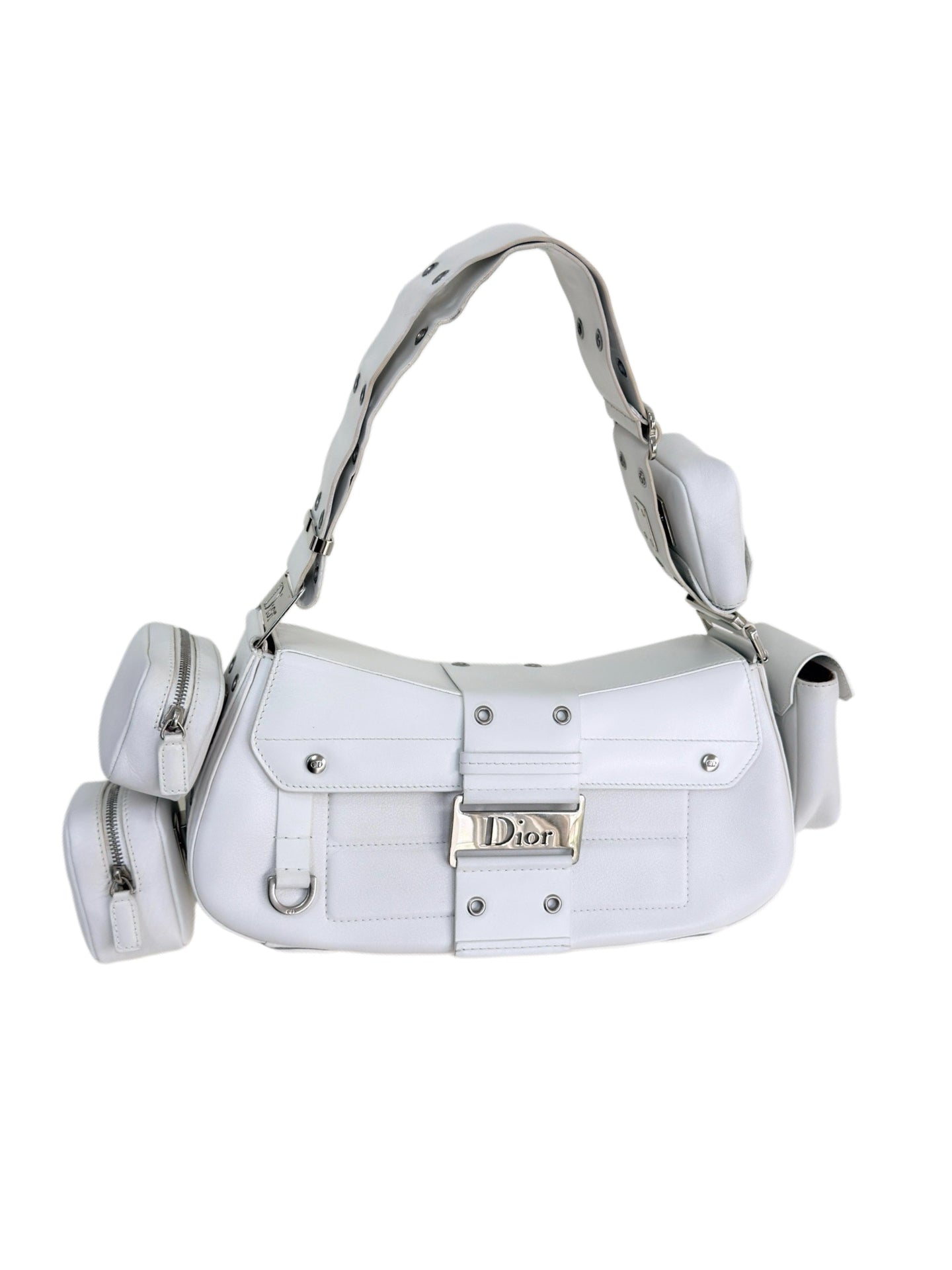 CHRISTIAN DIOR BY JOHN GALLIANO White Leather Four-Pocket Punk Shoulder Bag / Underarm Bag