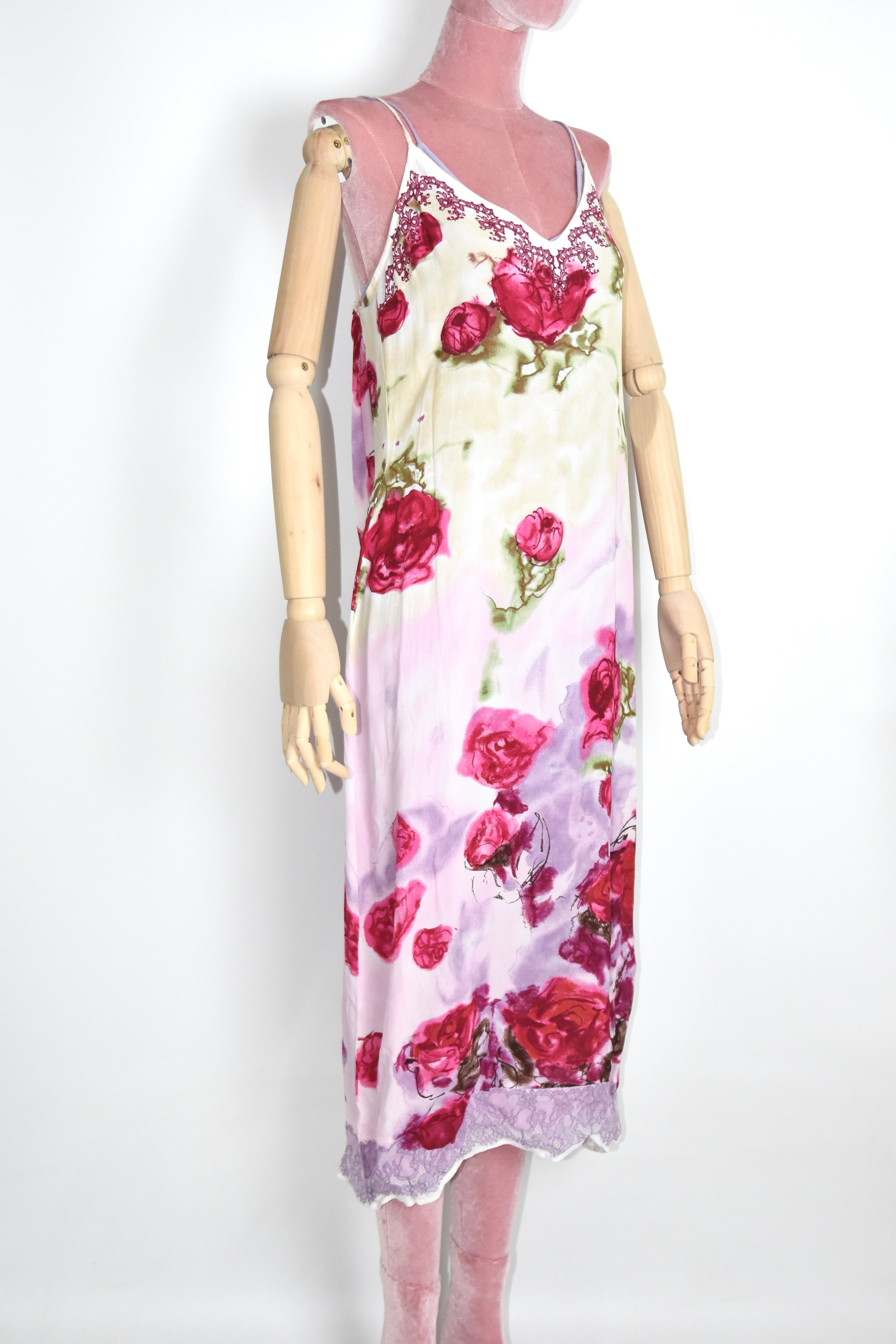 Blumarine F/W 1997 Rose-Print Layered Hooded Slip Dress