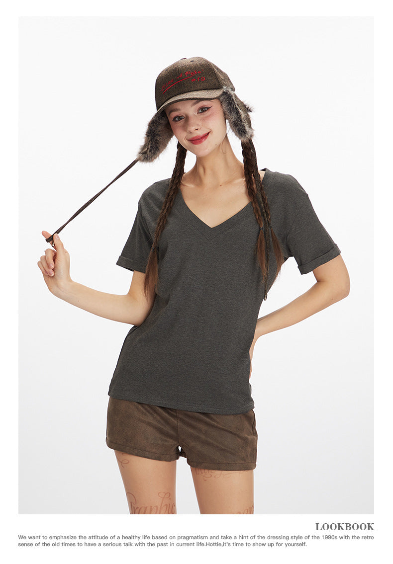 Simple Hot Girl Slimming Solid Color Top Slim Fit V Versatile Basic Short Sleeve Shirt T Women's T-shirt