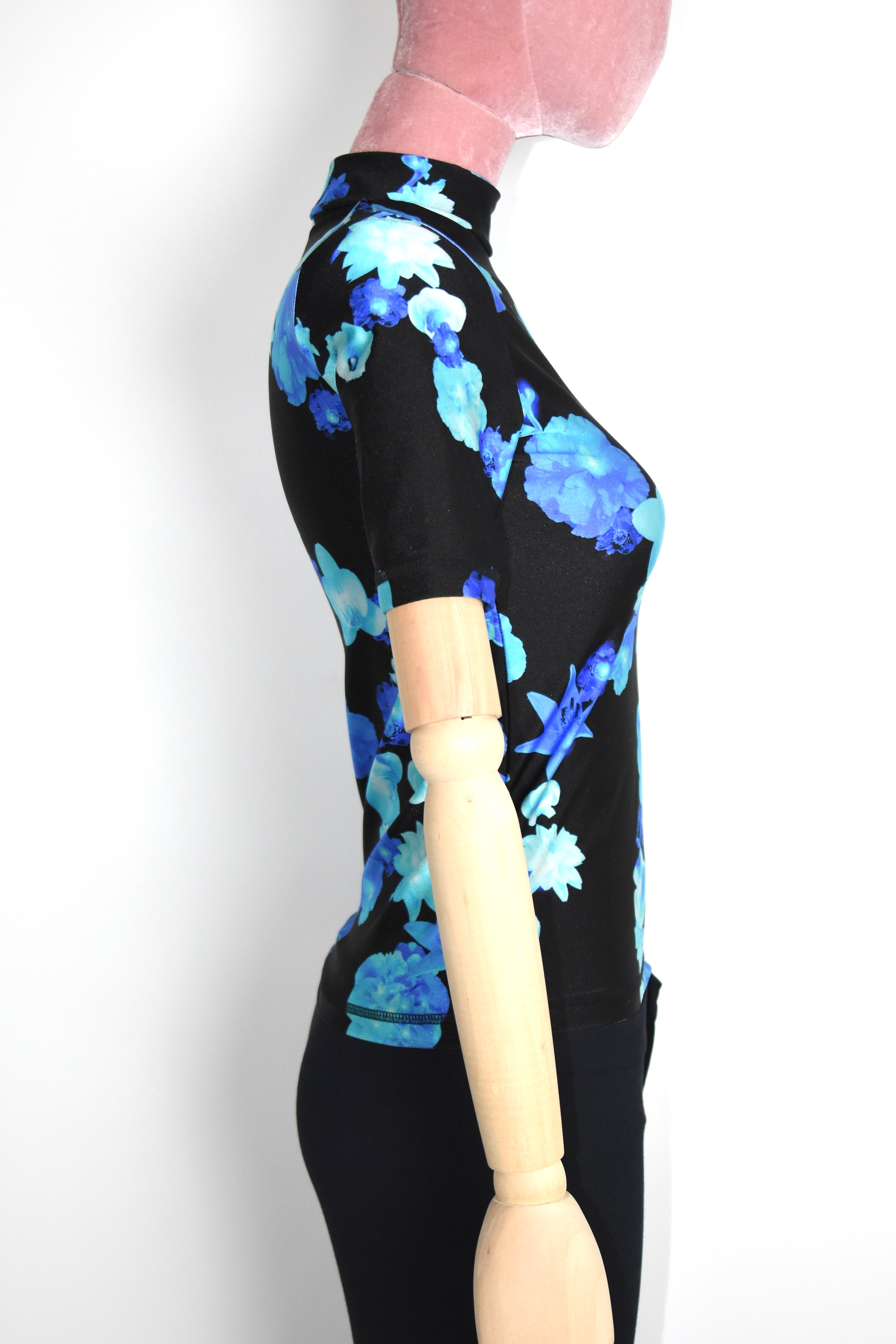 Coperni Blue Floral Stretch Glossy Top – Women’s Size S (Digital Print / Mock Neck / Technical Jersey)