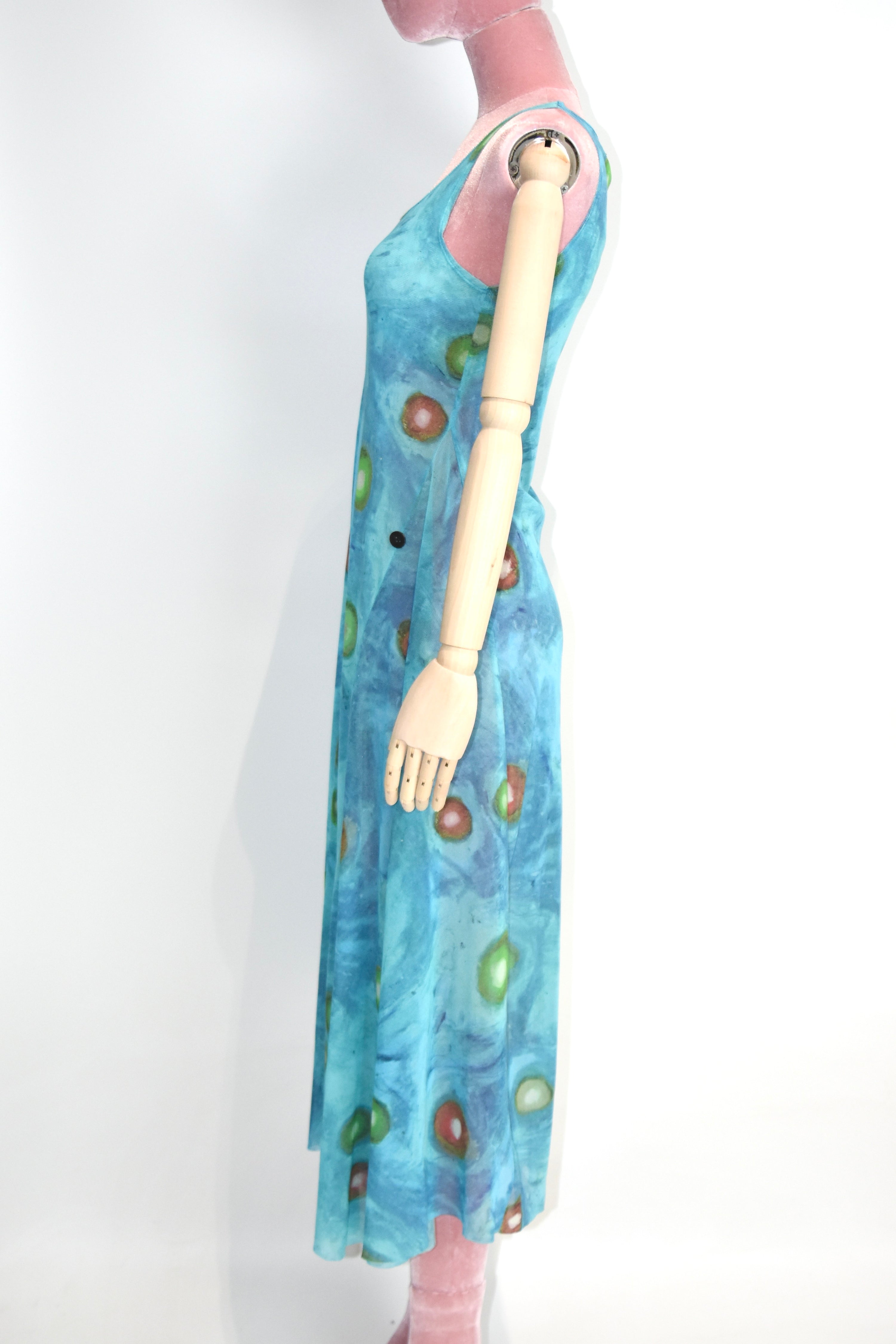 ISSEY MIYAKE Vintage Stretch Mesh Printed Tank Maxi Dress – Water Abstract Motif (Fits Women S–M)