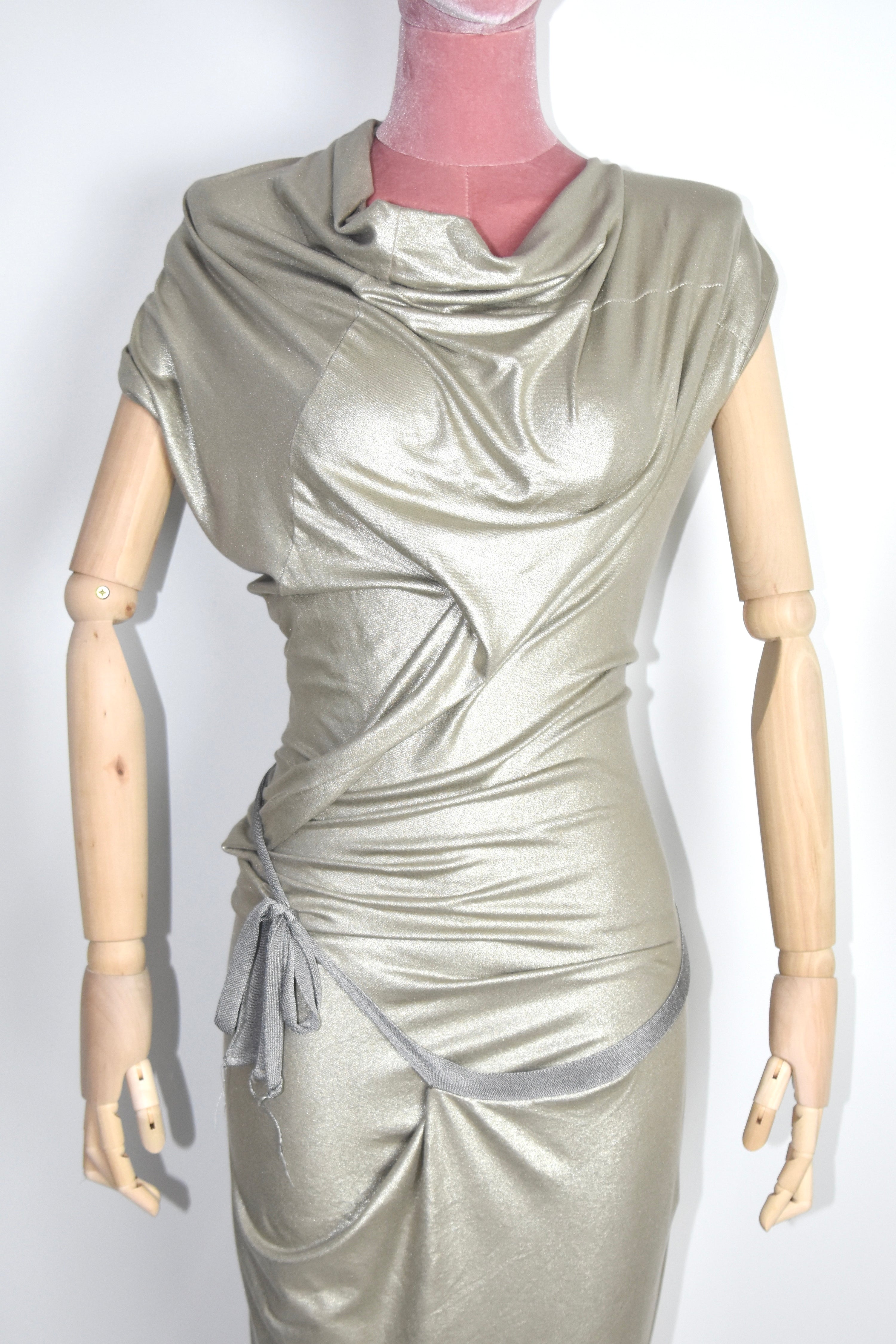 Vivienne Westwood Anglomania Draped Metallic Gold Asymmetric Dress – Italian Made Sculptural Archive Piece