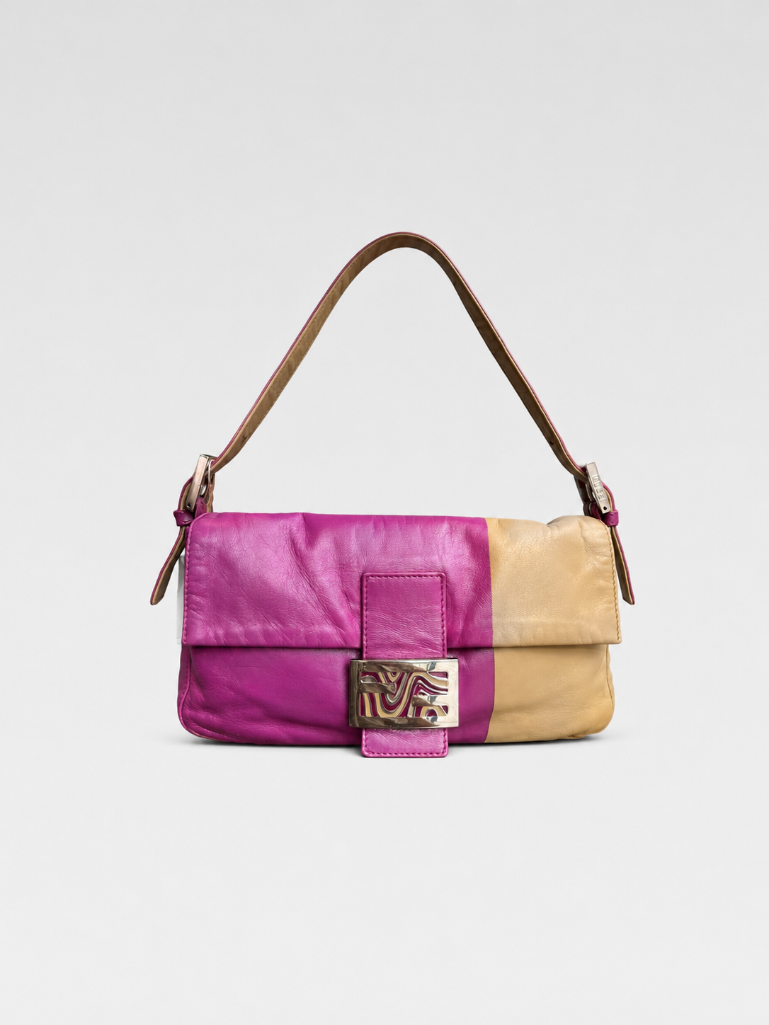 Fendi Vintage Baguette Leather Bag Purple Pink Nude Two Tone Patchwork Rare Y2K Shoulder Bag