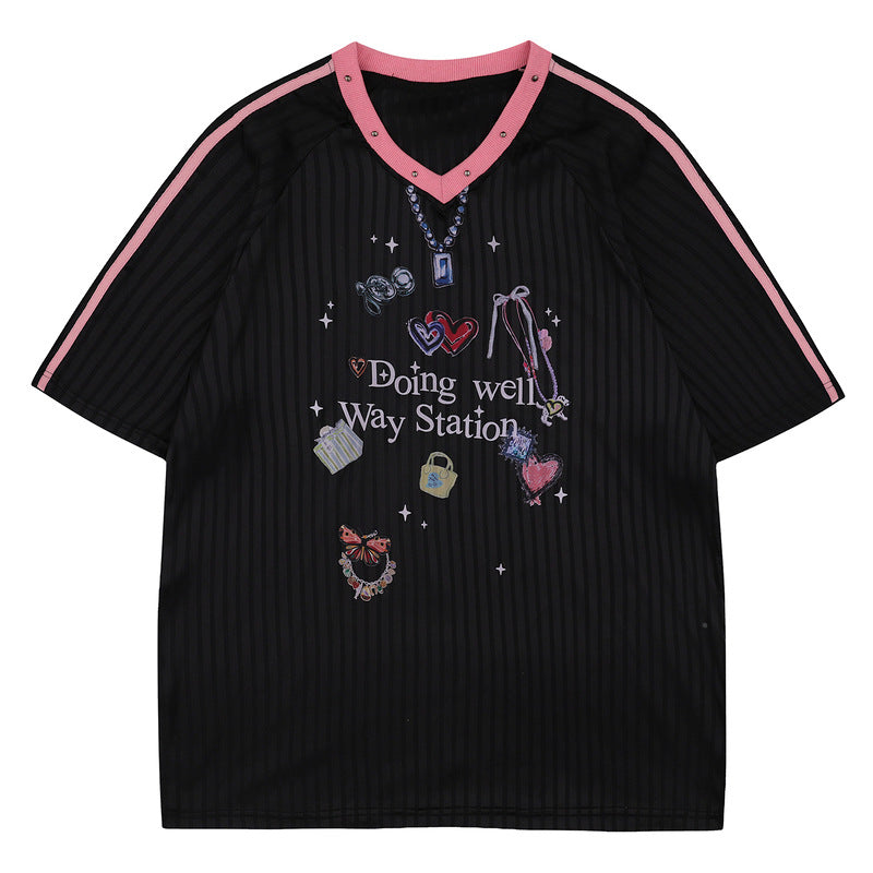 Sweet Sports Jersey V Collar pink short sleeves Unisex T-shirt 2025 Summer Fashion Trend