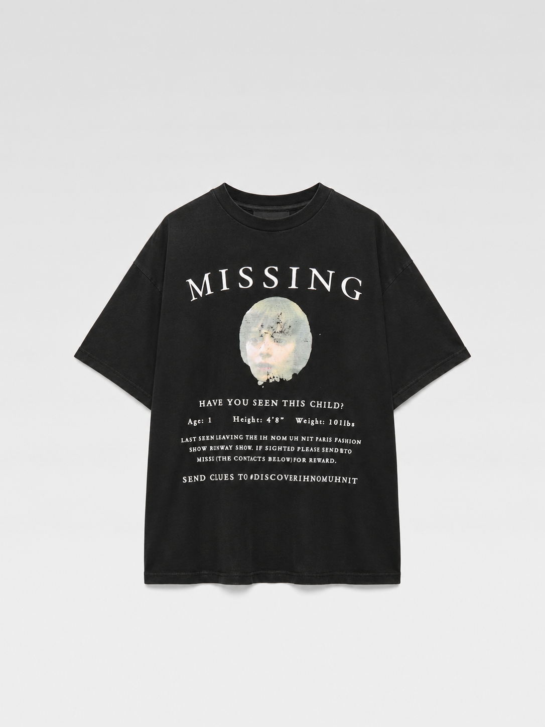 ih nom uh nit Paris “MISSING” Graphic Print Black T-Shirt Vintage Streetwear Tee