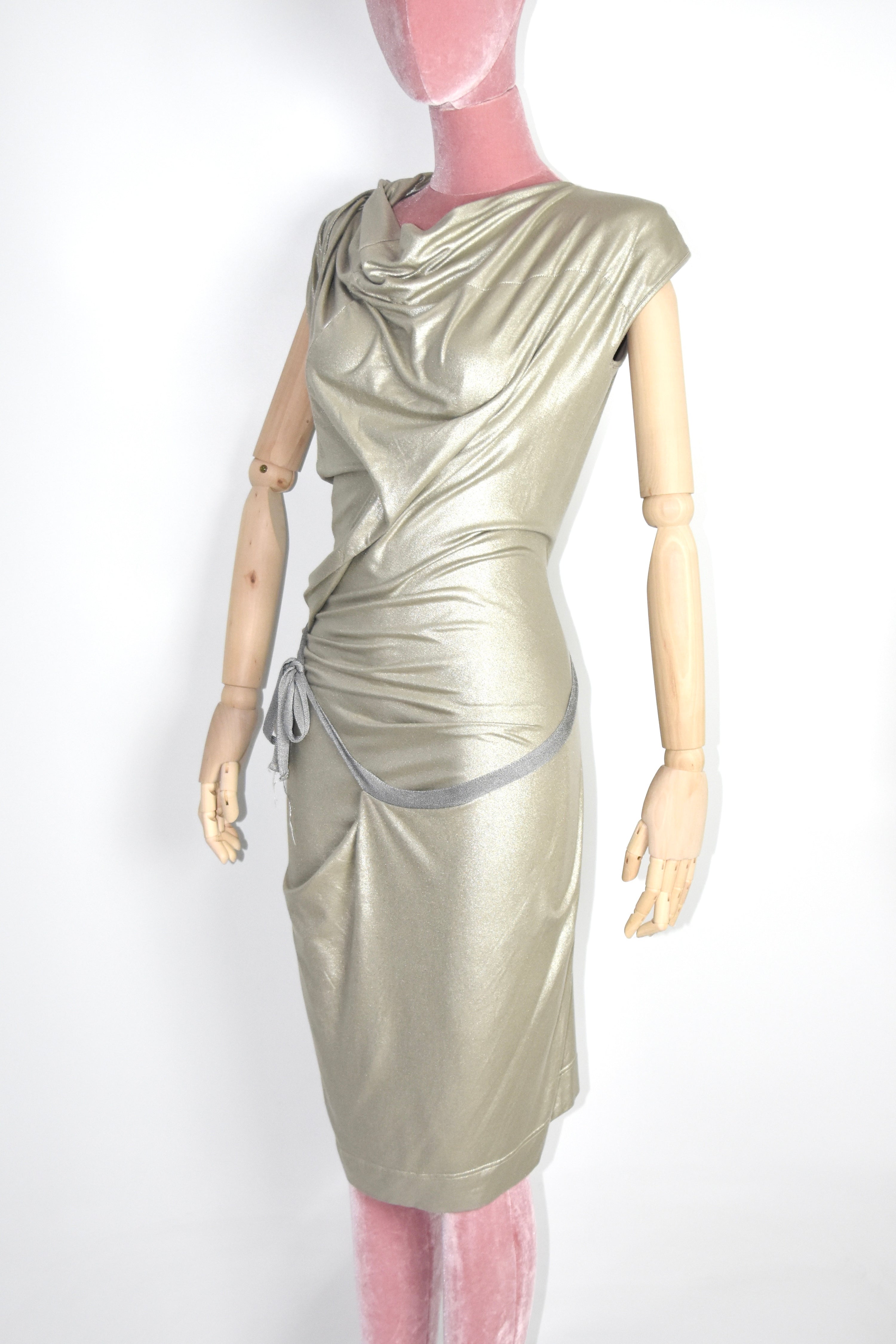 Vivienne Westwood Anglomania Draped Metallic Gold Asymmetric Dress – Italian Made Sculptural Archive Piece