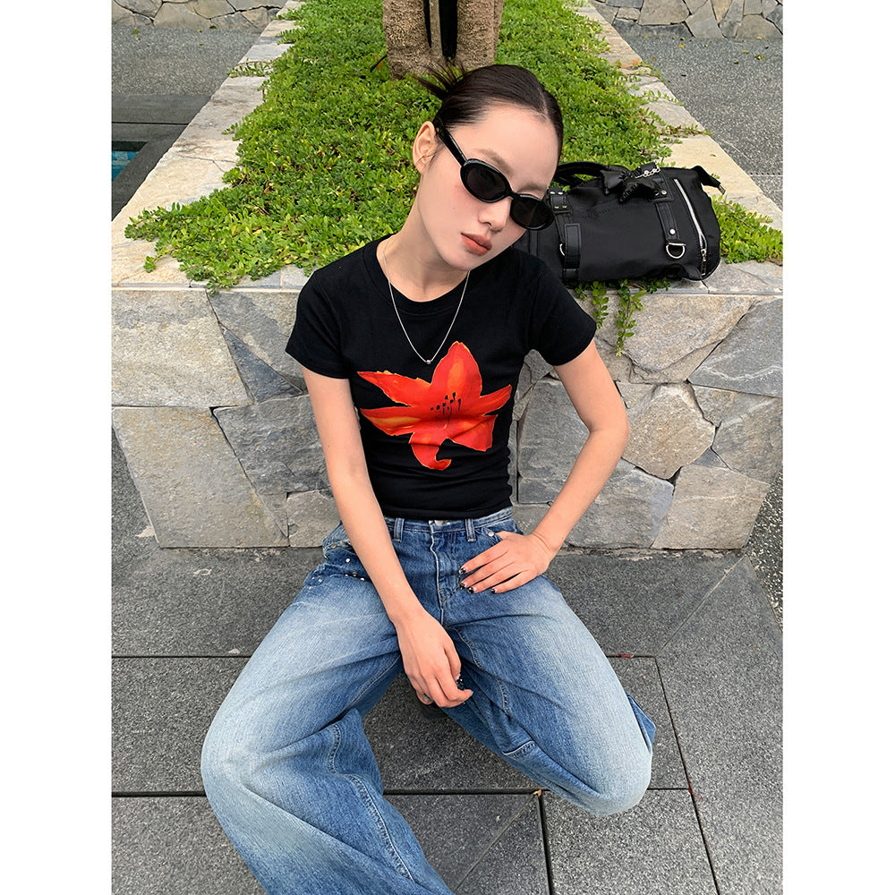 Slim Fit Floral Print Women's T-shirt Spring and Summer Versatile Short Tops