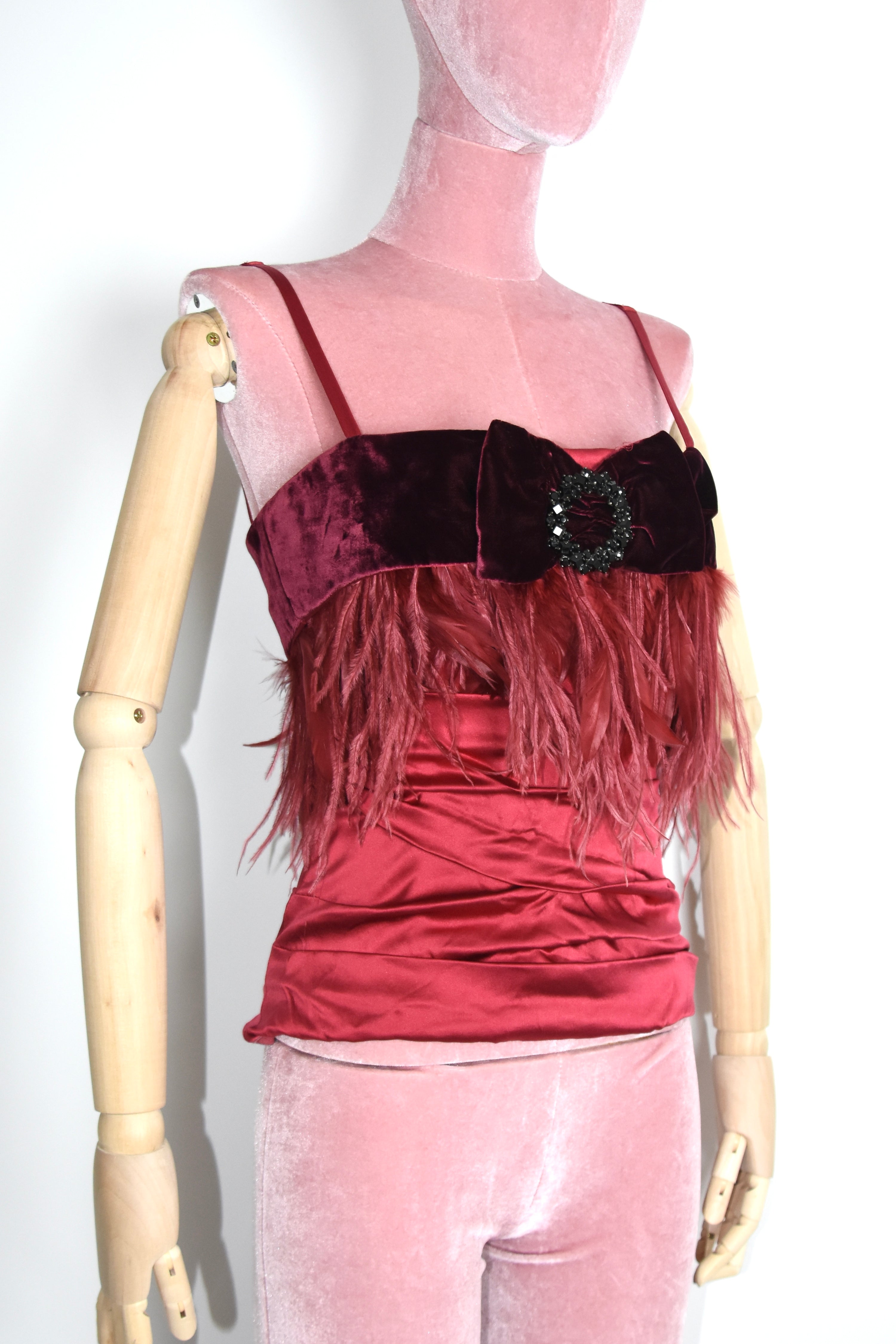 Dolce & Gabbana F/W 2002 Burgundy Velvet Ostrich Feather Corset